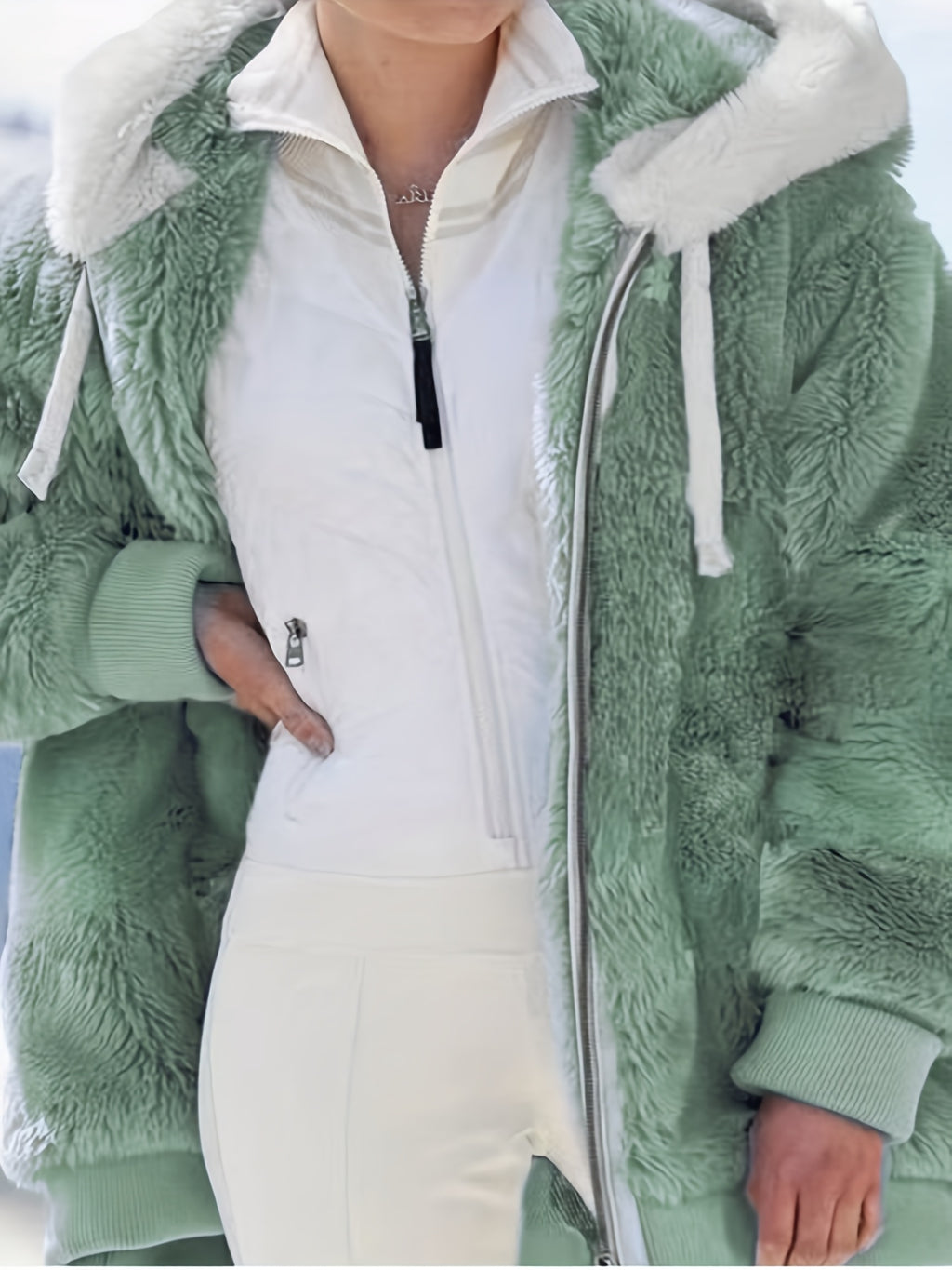 Women'S Y2K Plush Zip-Up Hooded Jacket - Mint Green Loose Fit with Pockets, Soft Faux Fur Lining, Machine Washable for Spring Summer Fall Casual Outerwear, Seasonal Fashion, Hooded Design, Durable Construction, Stylish Coat,