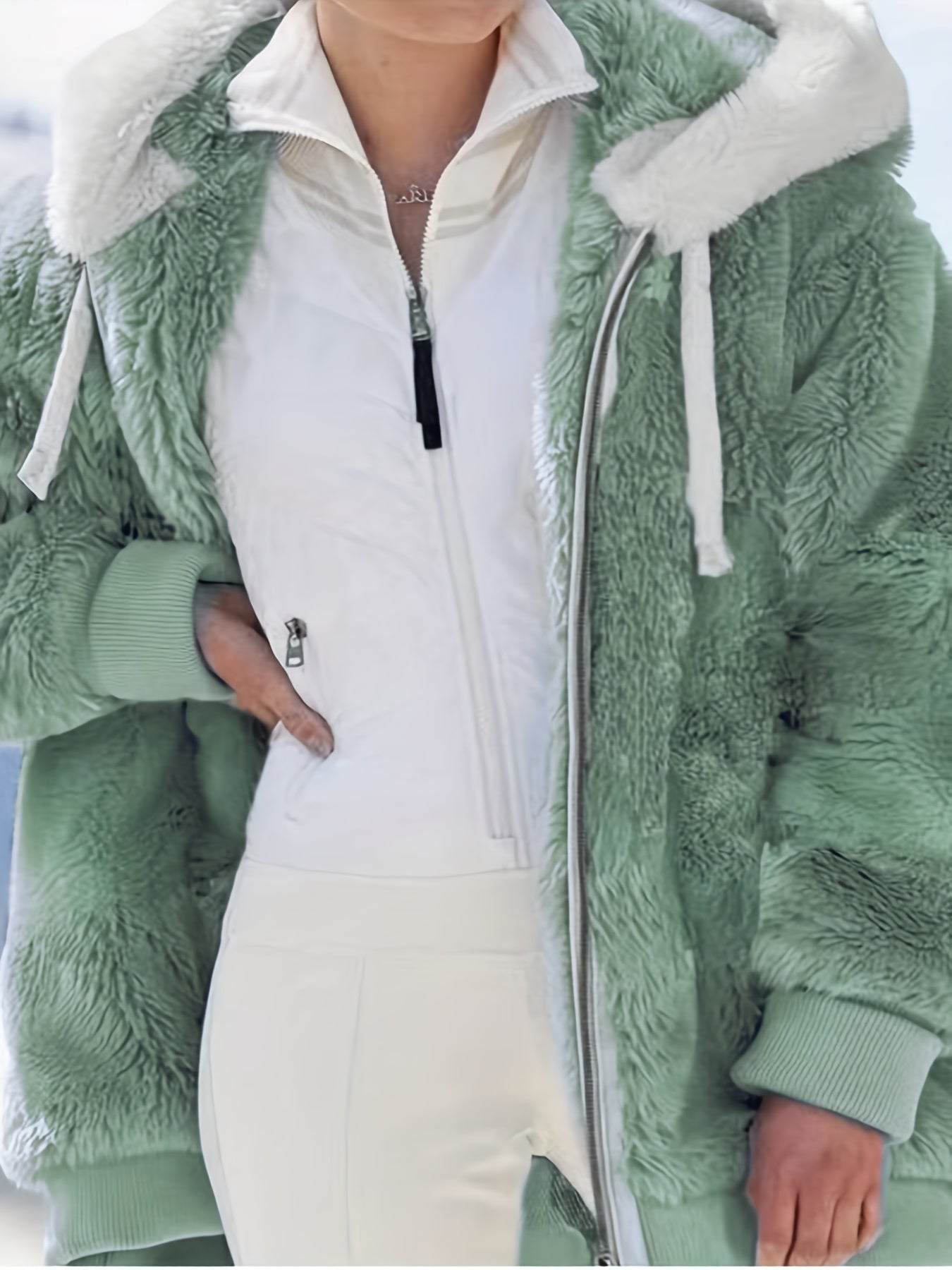Women'S Y2K Plush Zip-Up Hooded Jacket - Mint Green Loose Fit with Pockets, Soft Faux Fur Lining, Machine Washable for Spring Summer Fall Casual Outerwear, Seasonal Fashion, Hooded Design, Durable Construction, Stylish Coat,