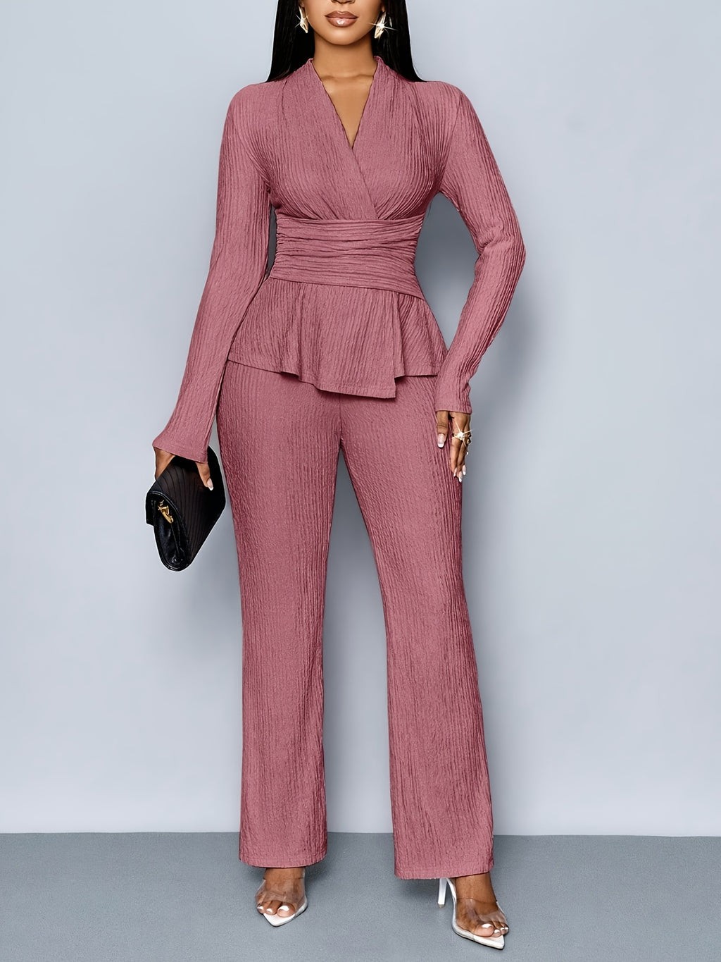 Elegant V-Neck Wrap Set for Women Blouse and Tailored Pants Set - Great for Work and Events