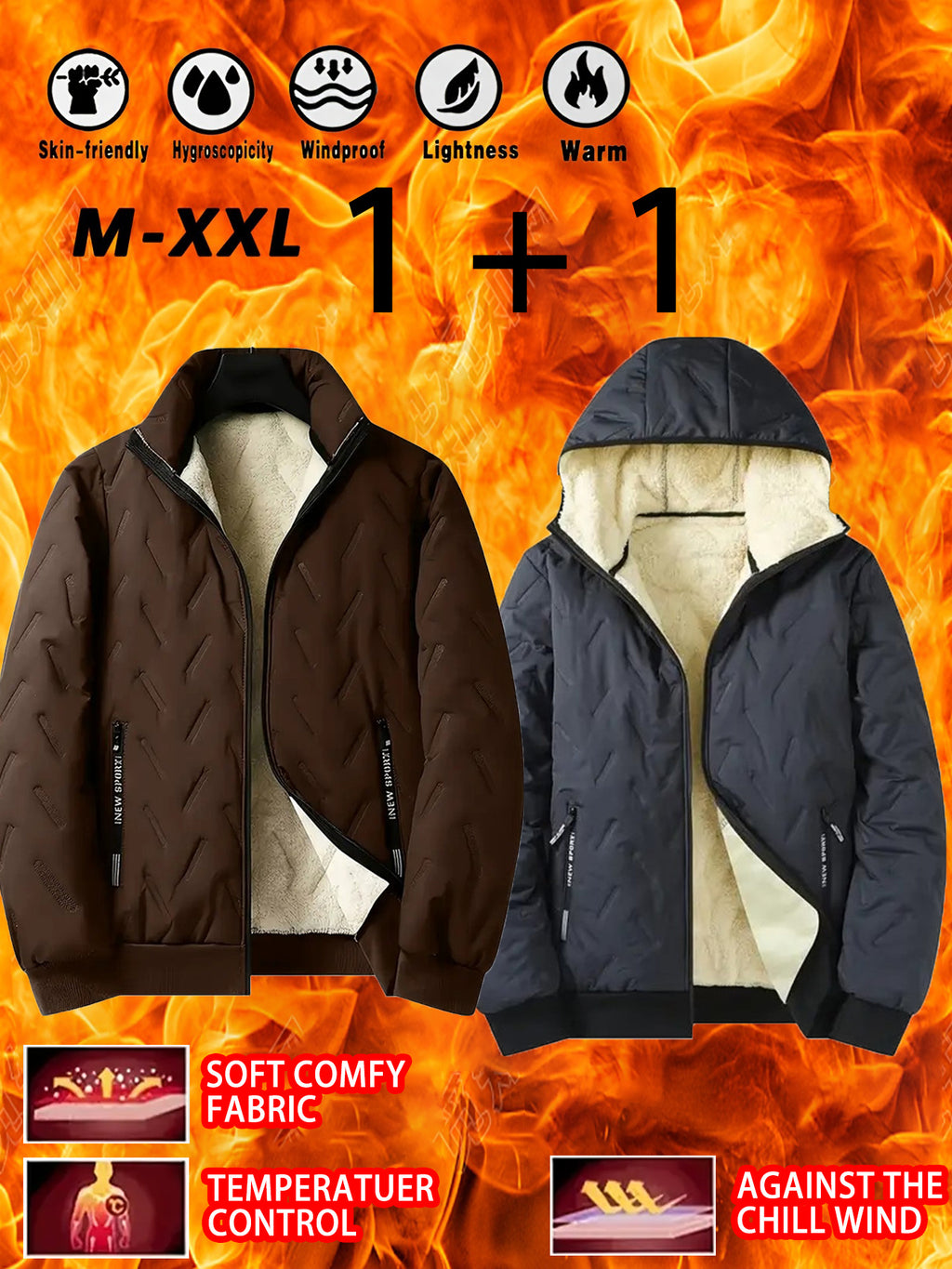 2pcs - High quality two-piece Men's standing collar jacket, long sleeved jacket, Men's hooded long sleeved jacket, Men's winter casual jacket set, with plush lining polyester fabric zipper pocket, suitable for sports, leisure