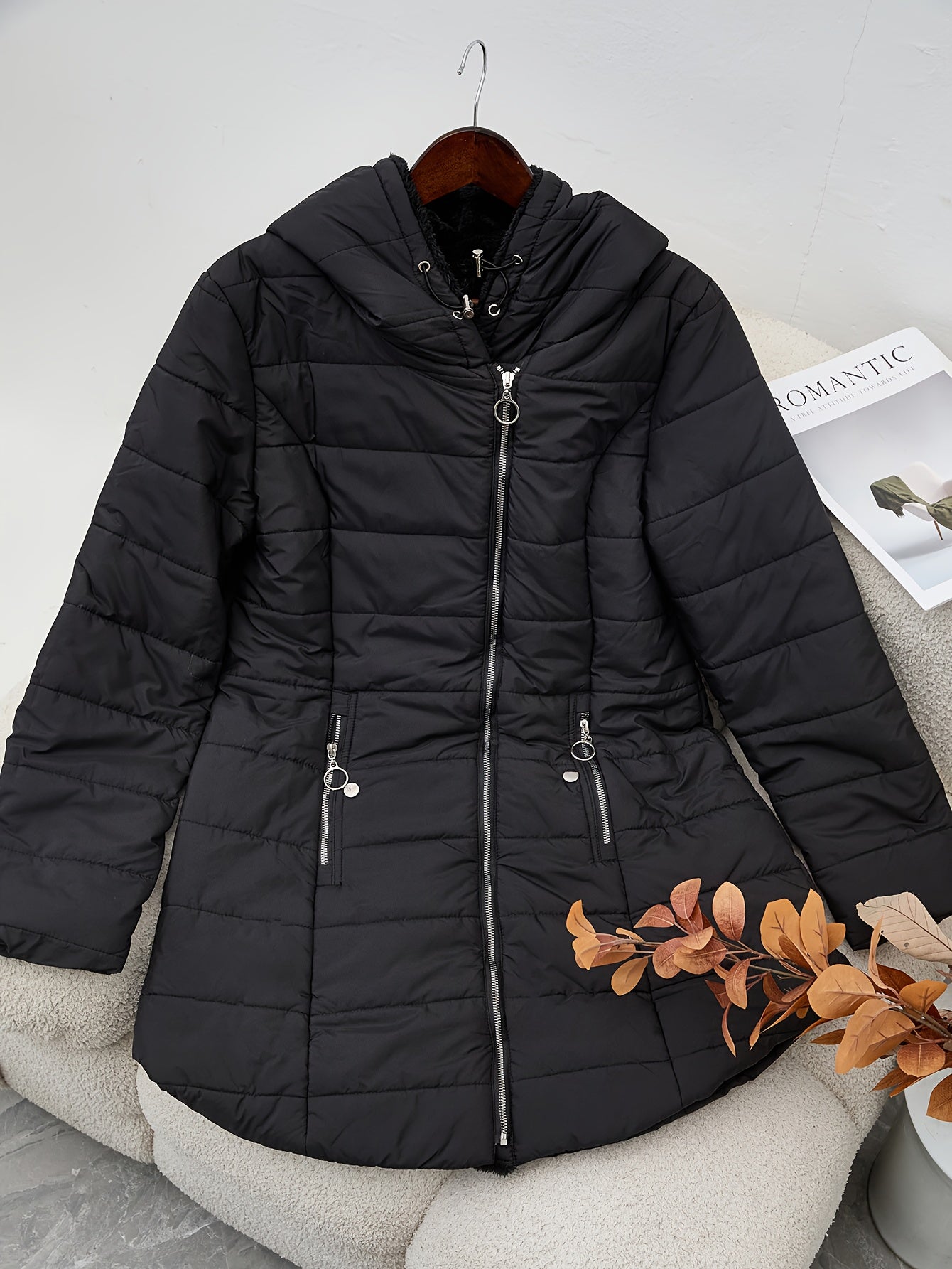 Women'S Elegant Mid-Length Black Coat with Hood - Winter Warmth, Zipper Pockets & Full-Zip Closure, Soft Lining, Structured Fit, Long Sleeve Non-Stretch Outerwear for Fall & Winter, Casual to Formal Outfits (No Belt Required)