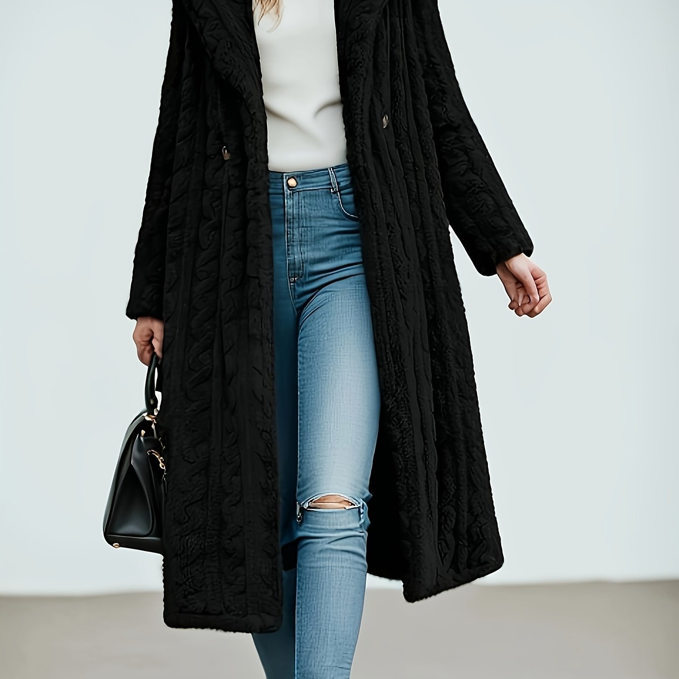 Women's Black Cable Longline Coat: Hooded Design (windproof & Trendy) + Cable Texture (luxurious Quality) + Extra-Long Fit (hides Flaws & Elongates Legs) + Thick & Warm (cold-resistant) + Black Hue (versatile for Any Outfit)