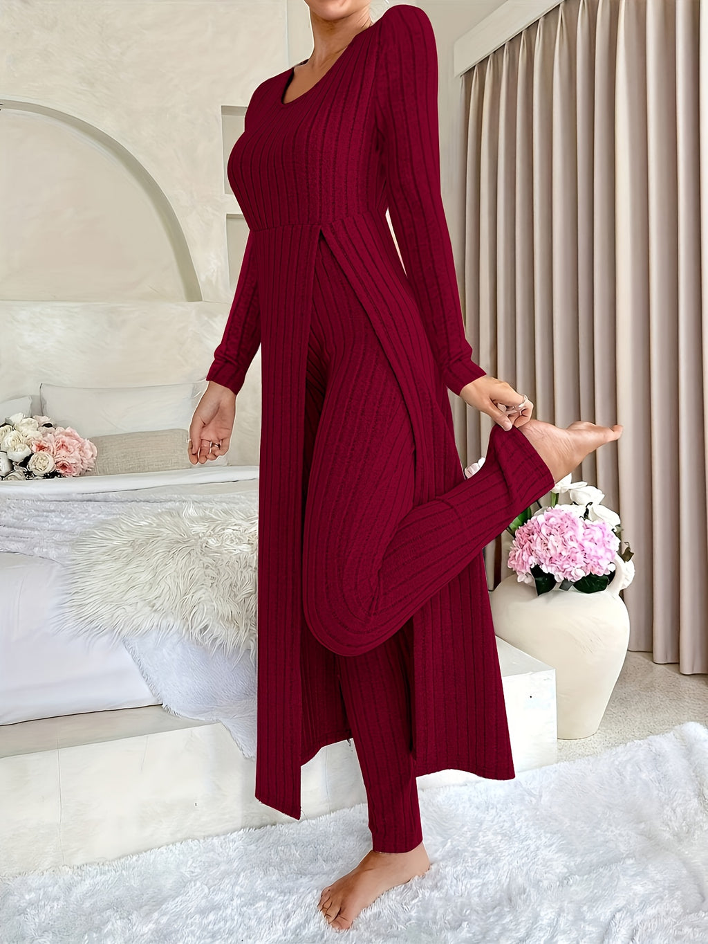 [Targeted]Two-piece Set of Ribbed Long-sleeved Top and Pants for Women
