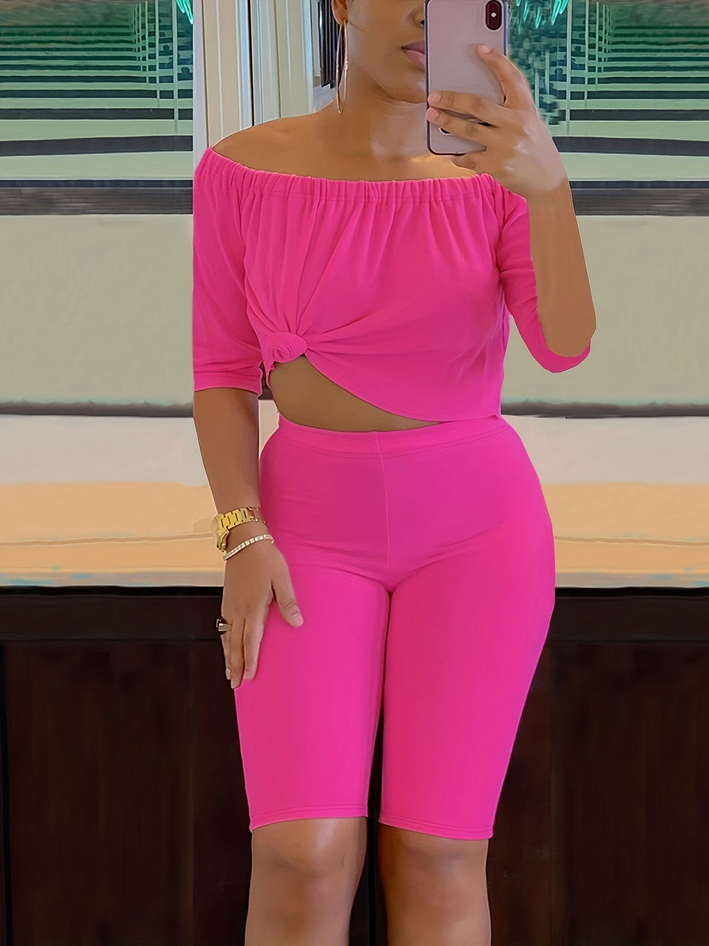 Sexy Solid Fashion Pantsuits Two-piece Set, Off Shoulder Short Sleeve Tops & Slim Shorts Set, Women's Clothing