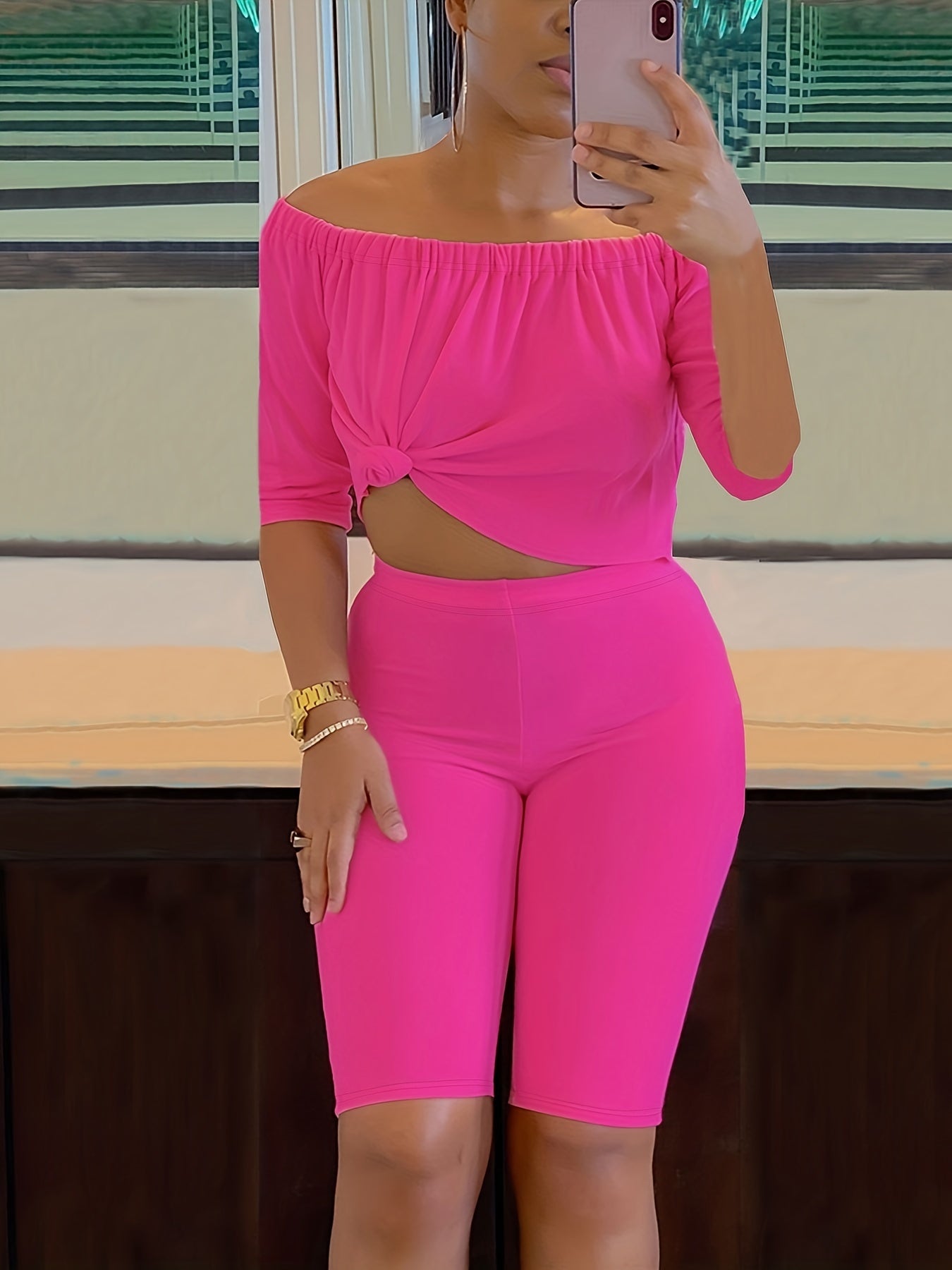 Sexy Solid Fashion Pantsuits Two-piece Set, Off Shoulder Short Sleeve Tops & Slim Shorts Set, Women's Clothing