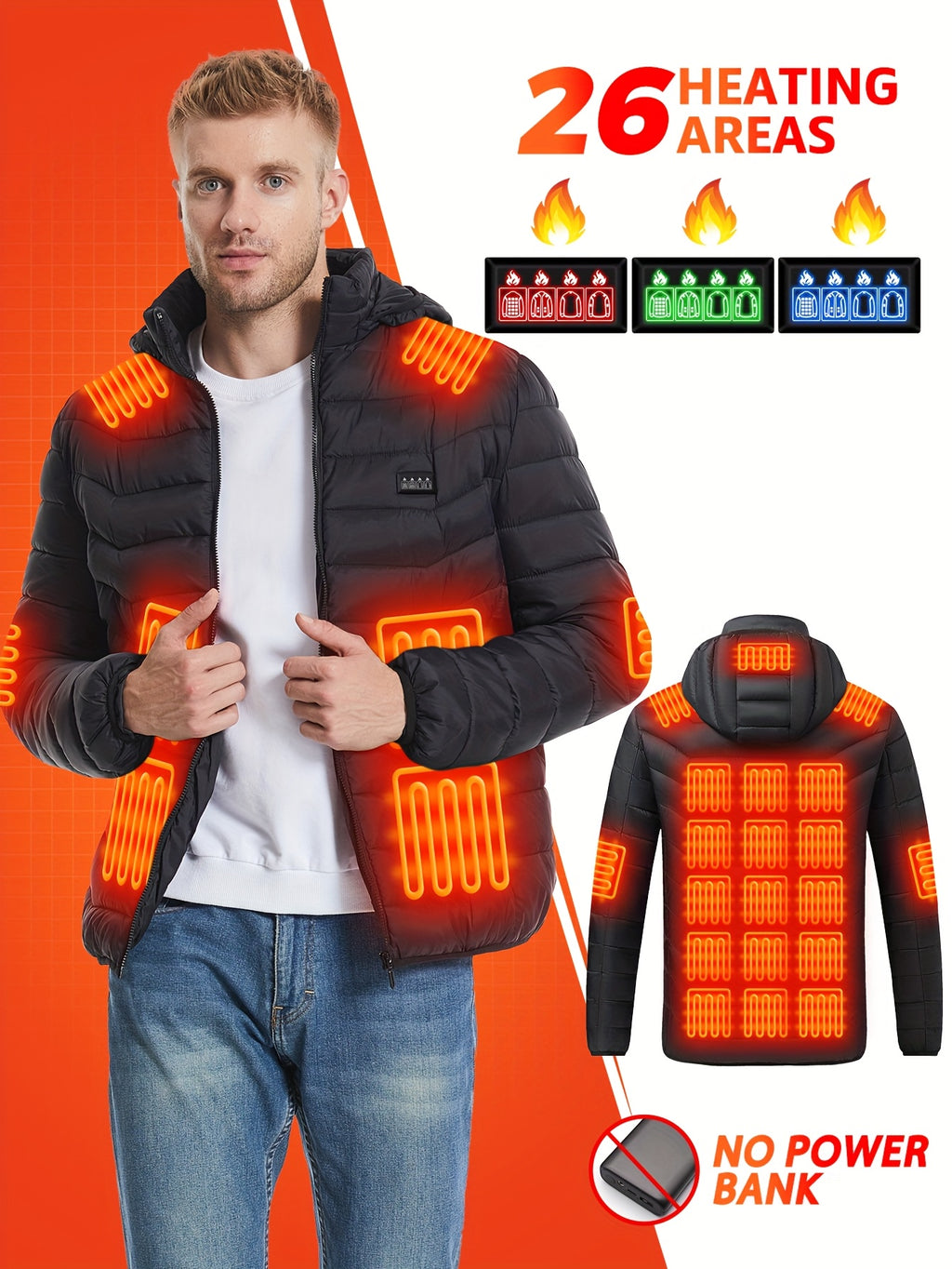 MOSSROZZ Smart Heated Jacket with 26 Heating Zones, USB-Powered Electric Heating, 4 Control Buttons & 3 Heat Settings, USB-C Fast Charging, Long-Lasting Battery (Battery Pack Not Included) - Heavy-Duty Polyester Winter Jacket
