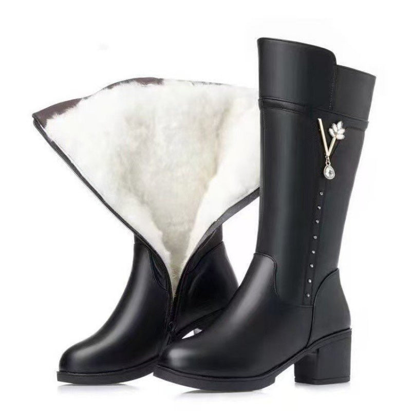 's Winter Fleece-Lined Rhinestone-Decorated Chunky Heel Mid-Calf Boots with -Like Collar-Like Trim - Round Toe Zipper Closure, Faux & Rubber Sole - Warm Snow Boots for Parties,, Everyday (Black) - Dress