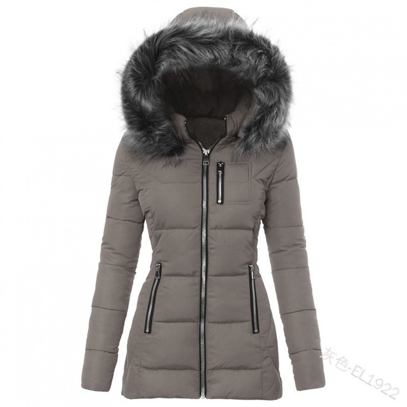 Women'S Slim Fit Winter Parka with Hooded Faux Fur Collar & Full-Zip Front - Thick Insulated Padded Jacket, Belted Waist, Long Sleeve Elegant Coat for Cold Weather, Casual & Formal Outfits (OrangeRed/Grey) - 2025 New Design,
