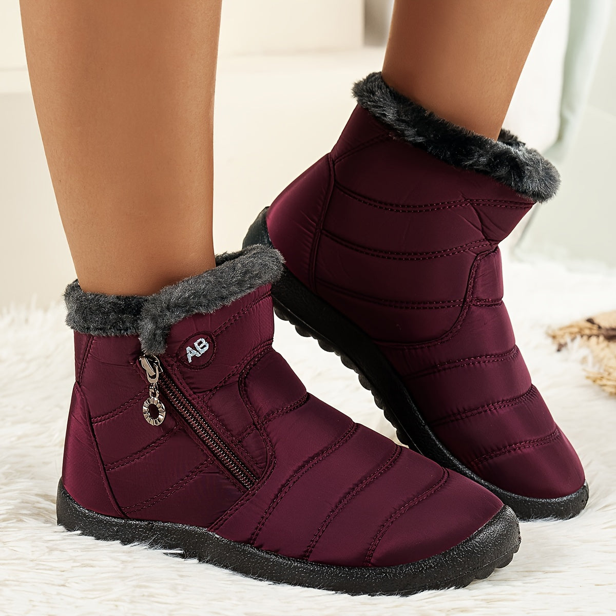 Women's High Quality Winter Thermal Snow Boots - Heavy-Duty -like Texture (PU) Round-Toe with Faux Trim, Lace-Up Ankle Boots with Arch & Traction Tread for Ice & Snow - Burgundy/ Color Options, Warm & Durable Winter Shoes for