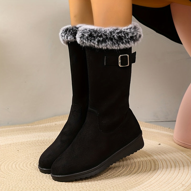Women's Winter Boots - Slip-resistant PU Sole, Soft Interior Lining - Black - Cold Weather Footwear for Everyday & Formal Events - Cozy Booties, Ladies Winter Boots, Formal Cold Boots, Fashionable Booties, Plush Fabric Lining