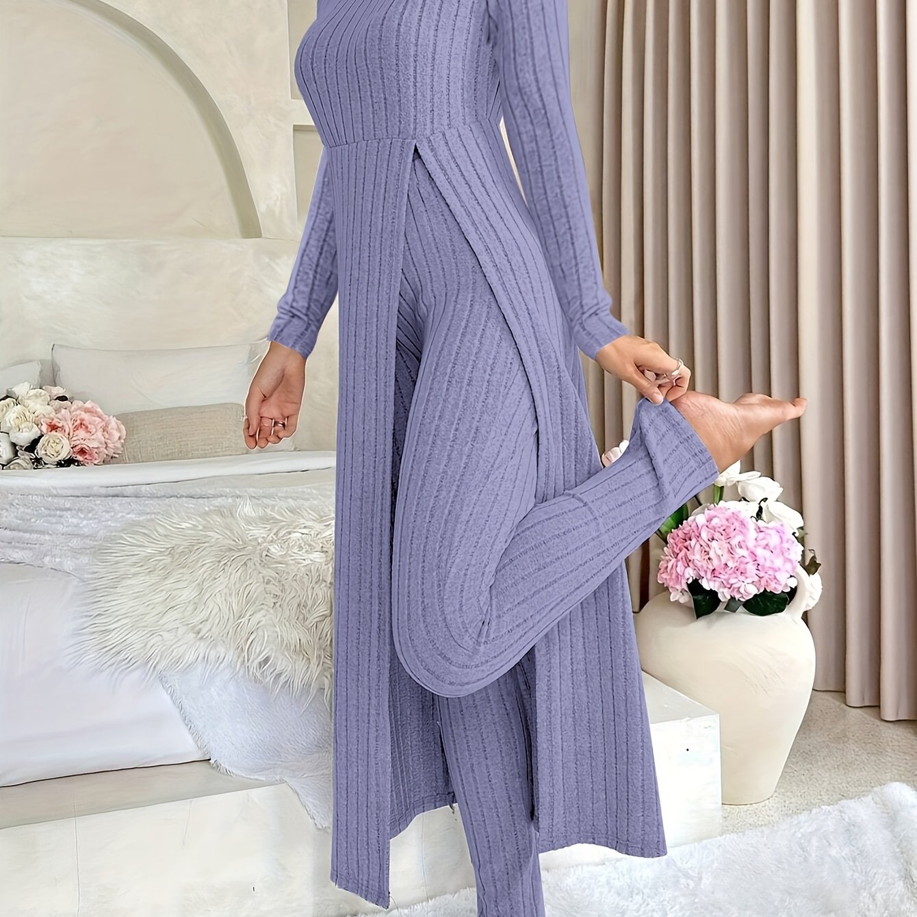 [Targeted]Two-piece Set of Ribbed Long-sleeved Top and Pants for Women