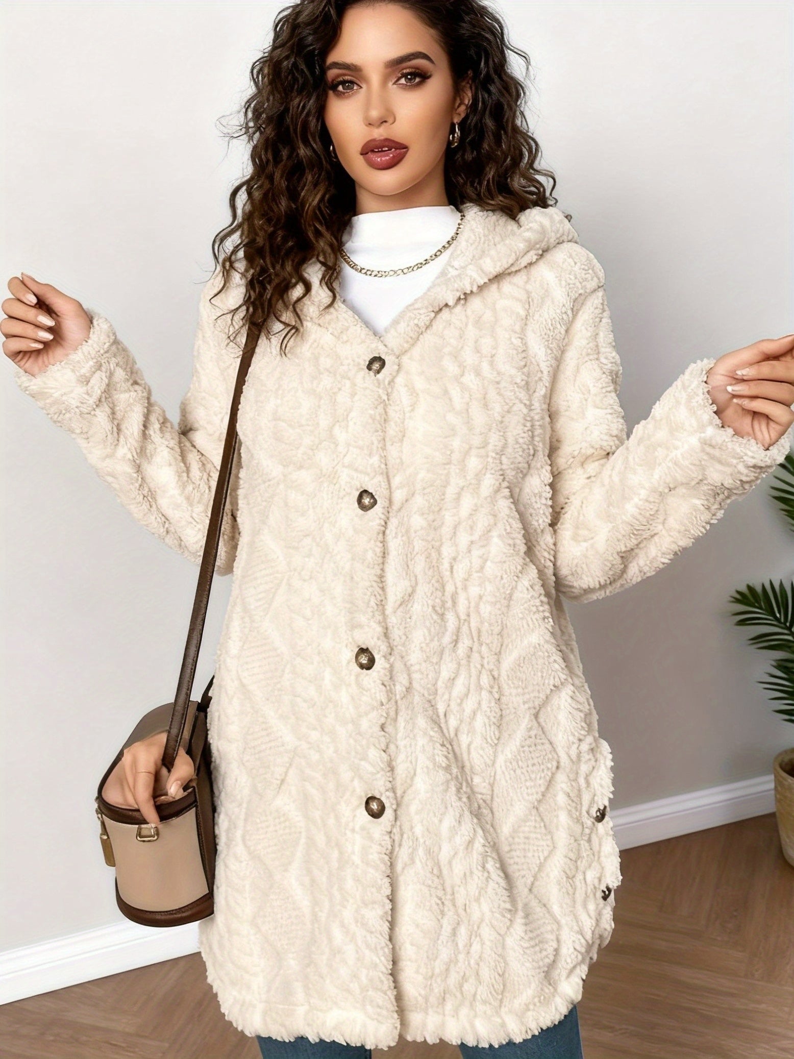 Women's Plush Fuzzy Hooded Cardigan Coat - Luxe Cable--Like Jacket with Button-Front Closure, Soft Beige Winter Sweater for Blouses & Jeans, Hand Washable Mid-Length Outerwear (No Belt)