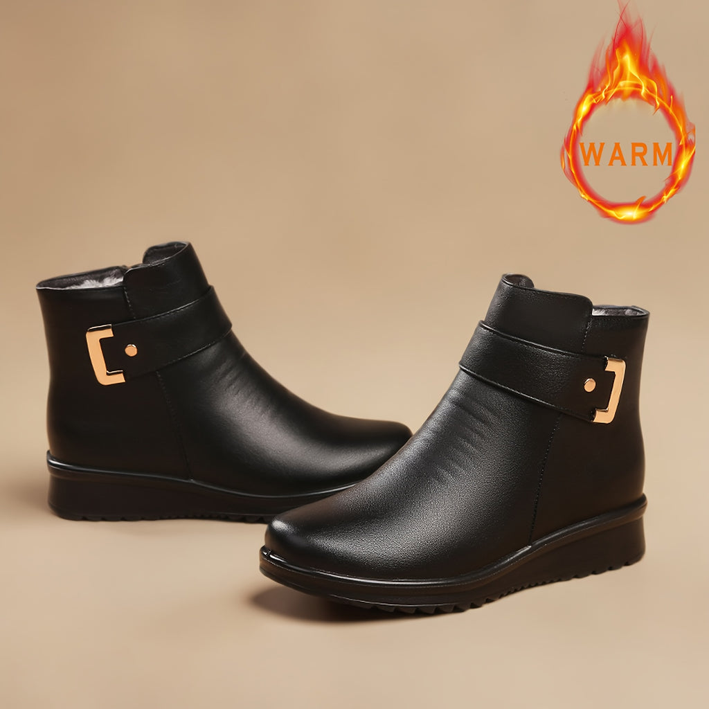 Women's Fleece-Like Winter Boots with Dress Compatibility - Retro Round-Toe Ankle Booties, Golden-Tone Buckle-Like Zipper Closure, Faux Cover Upper & PU Sole, Warm Round Heel for Dresses/Coutfits (Casual/Dressy) - Hand Washab