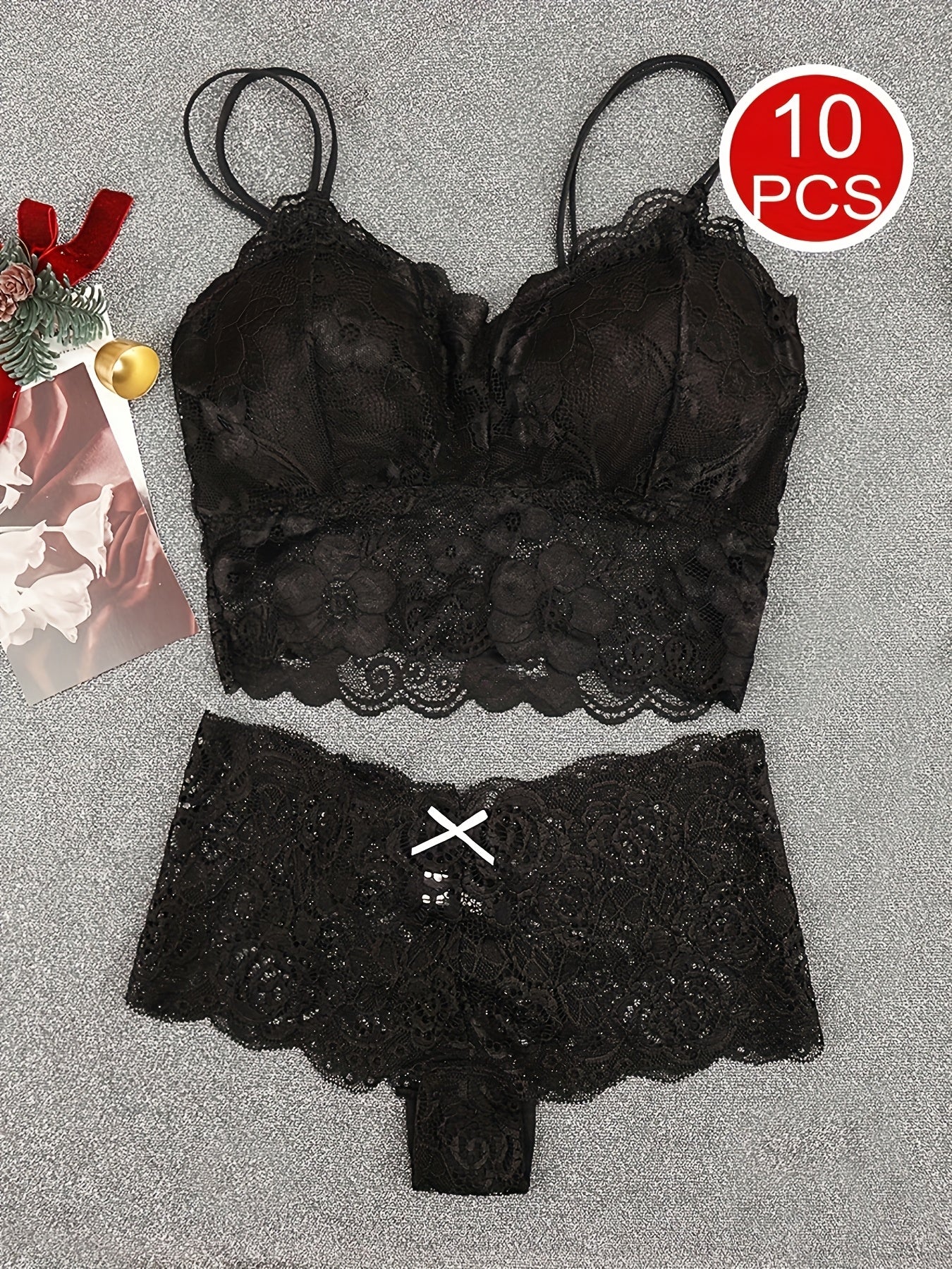 10pcs Of Women'S Underwear And Panties Combination Set Without Steel Rims, Comfortable Daily Exquisite Lace Bra Base, Beautiful Back, Seamless Suspender with Chest Cushion, Detachable Bra, Lace Underwear, Women'S Underwear An