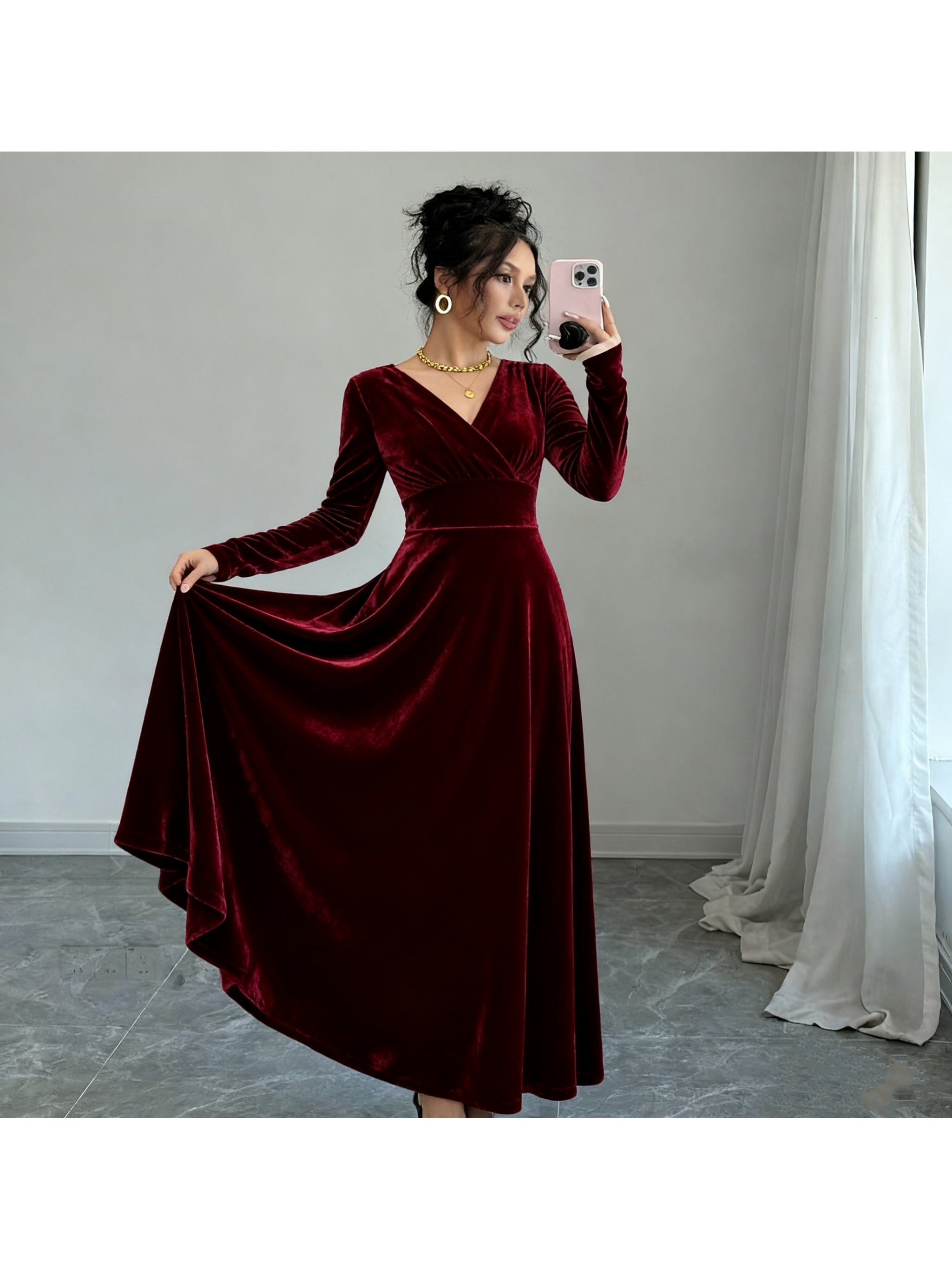 Women'S Elegant Navy Formal & party dress - Long Sleeve flared gown, V-Neck Evening Gown for Galas, Awards, Everyday - Fall Winter Formal Attire