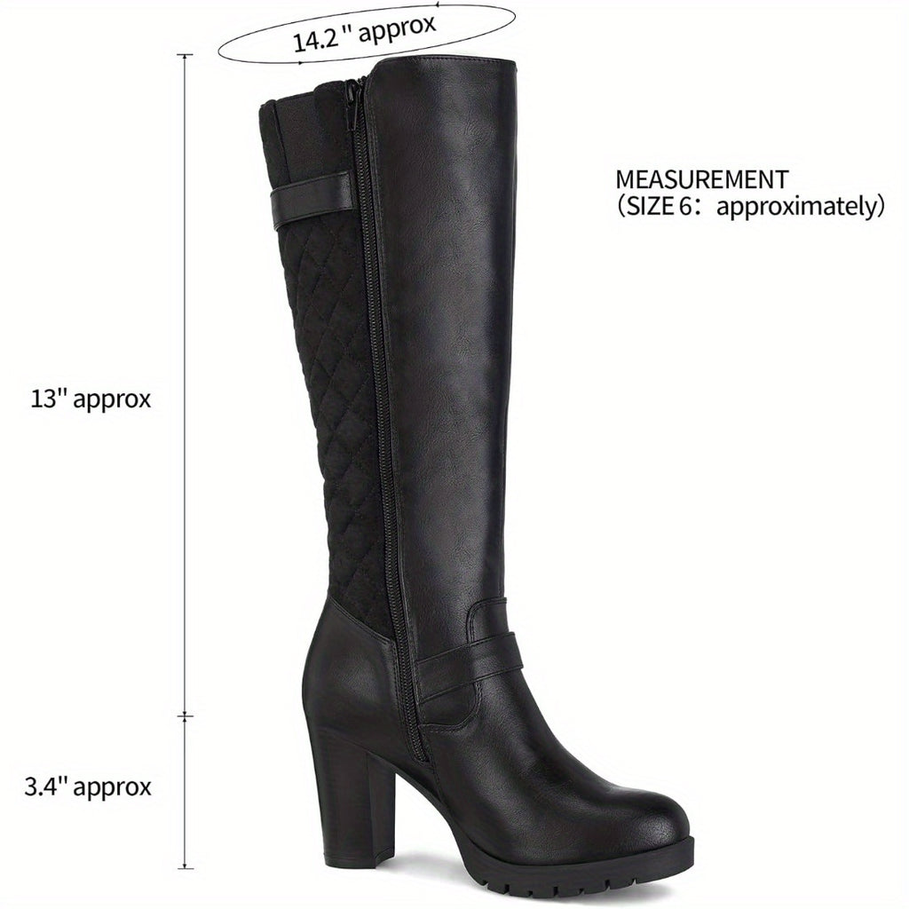 Women's Glossy Faux Cover-like Synthetic Cover Knee-High Boots with Chunky Block Heel & Golden-Tone Zipper - Winter Warm TPR Sole, Pointed Toe & Side Zipper Closure - Solid Black/Color Options - Elegant Winter Boots for Dress