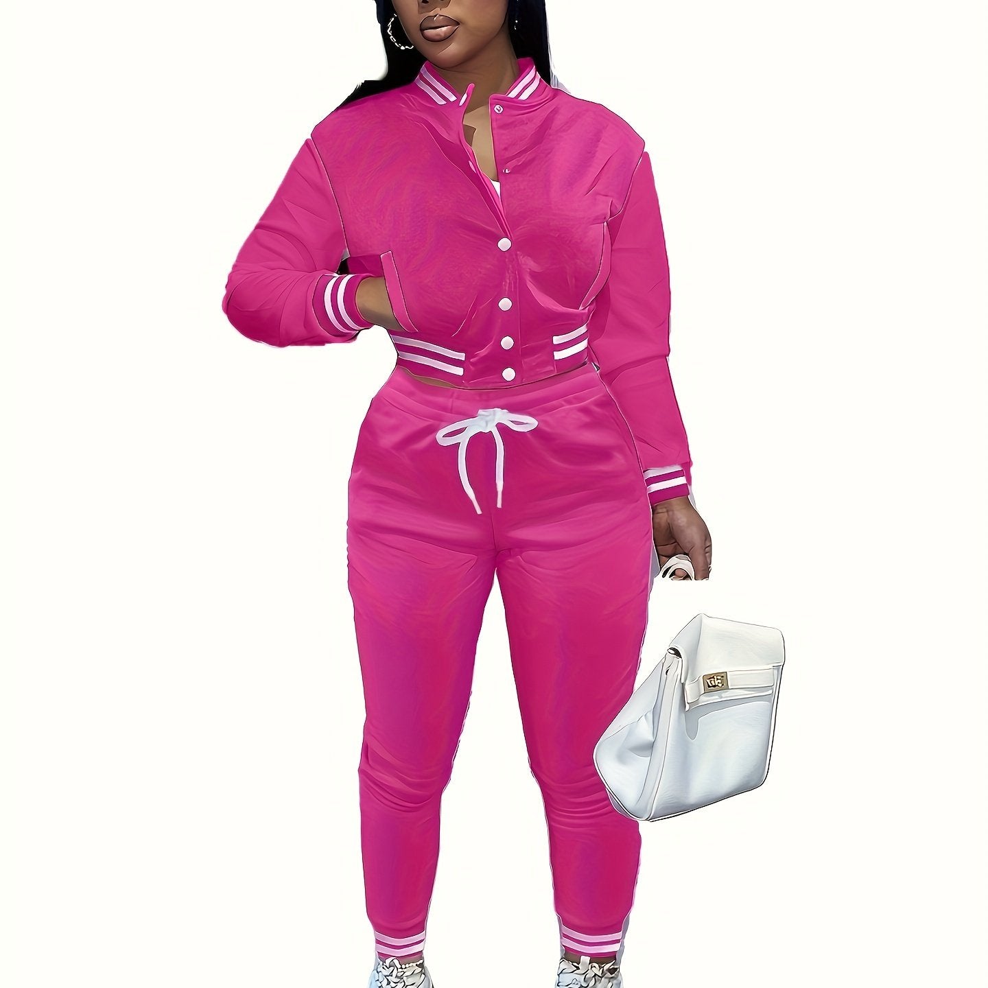 Women'S Casual Baseball Jacket and Pants Set - Solid Color, Long Sleeve, Regular Fit, Two-Piece with Single-Breasted Buttons, Casual |Casual Style|Singlebreasted Jacket