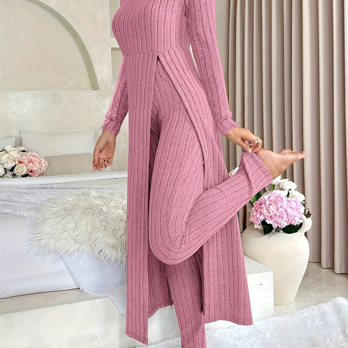 [Targeted]Two-piece Set of Ribbed Long-sleeved Top and Pants for Women