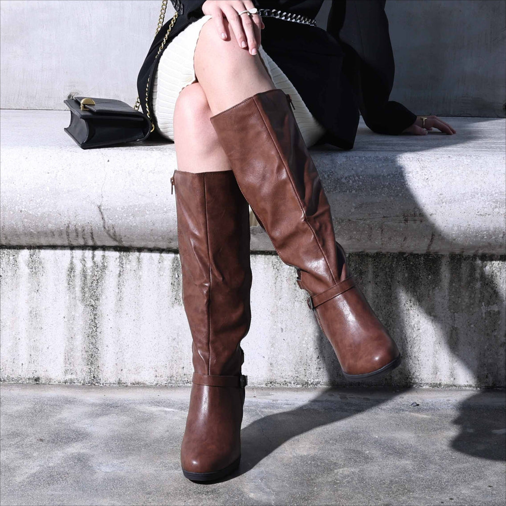 Women's Chunky Heel Knee-High Boots - Full-Length Round Toe PU Dress Boots with Back Zipper Closure, Thick Platform Heel (TPR Sole) & PU - Elegant Brown/ for Dresses, Skirts, Jeans - Versatile Fall Outfit