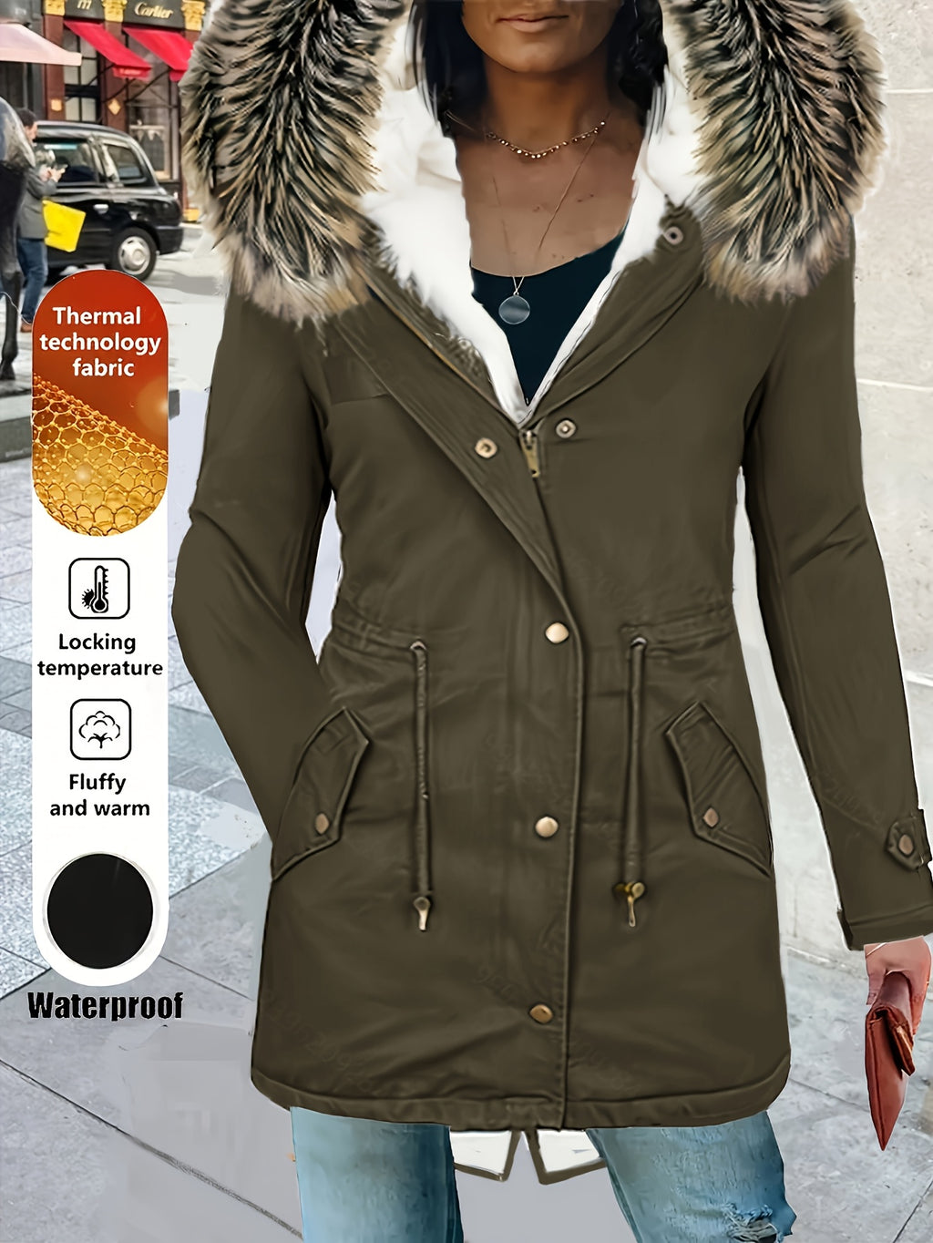 Women'S Thermal Insulated Fleece-Lined Military Parka Coat with Detachable Faux Fur Hood & High Quality High Quality Fabric - Heavy-Duty Winter Jacket, Full-Zip Closure, Golden-Tone Hardware, Utility Pockets, Adjustable Draws