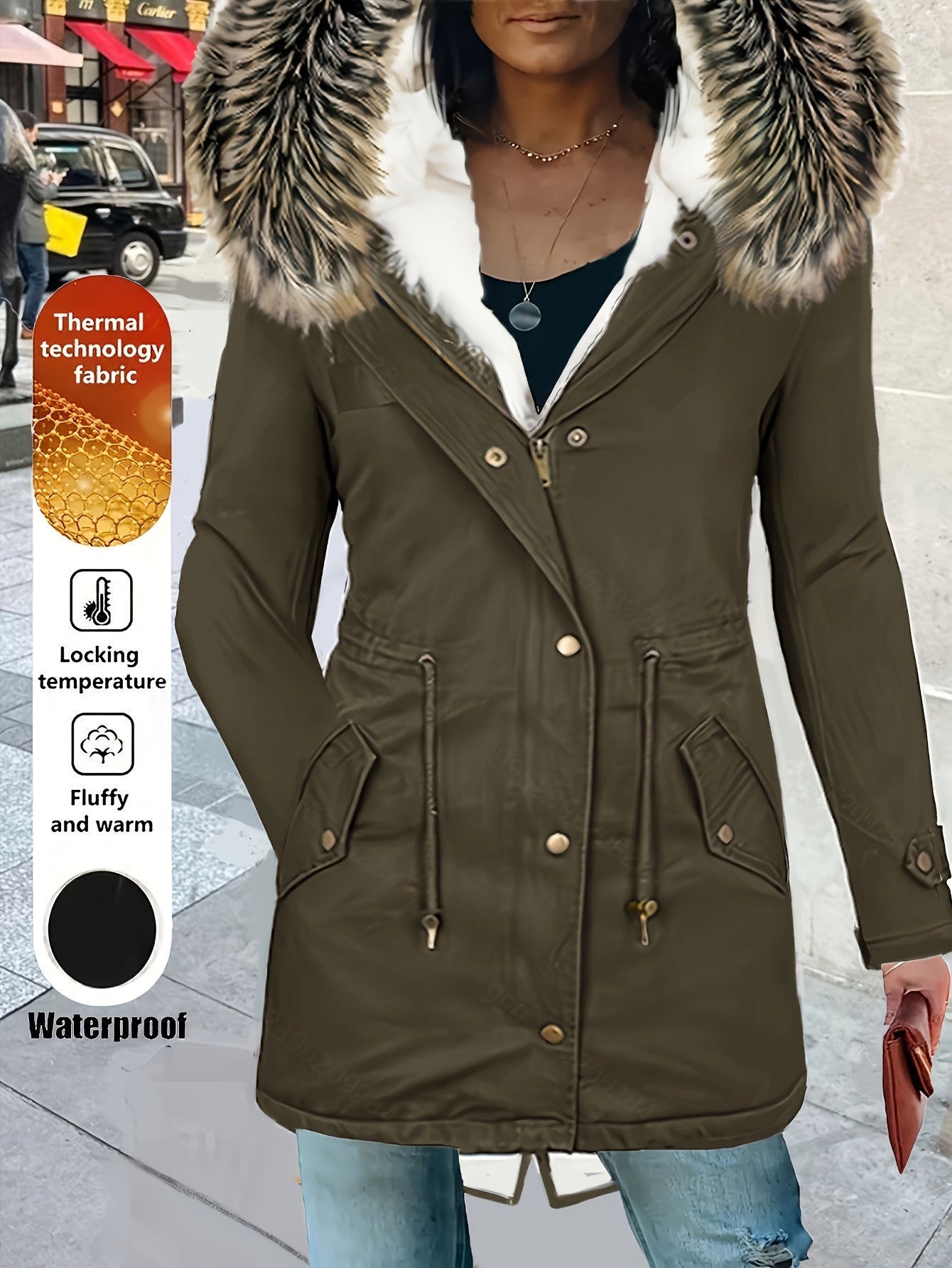 Women'S Thermal Insulated Fleece-Lined Military Parka Coat with Detachable Faux Fur Hood & High Quality High Quality Fabric - Heavy-Duty Winter Jacket, Full-Zip Closure, Golden-Tone Hardware, Utility Pockets, Adjustable Draws
