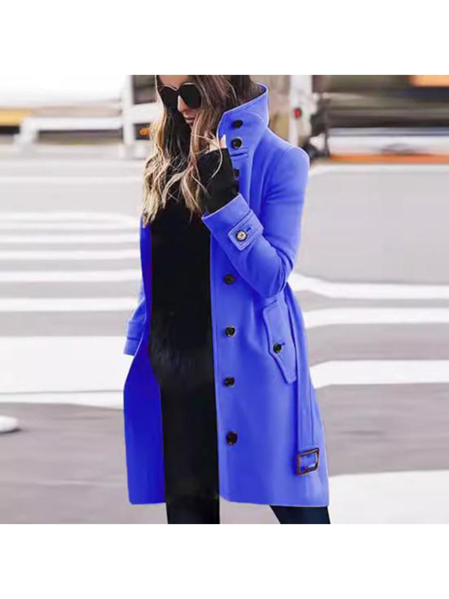Women's Elegant Single-Breasted Stand Collar Winter Pea Coat - Long Midi Length Jacket with Pockets, Solid Color Business Casual Outerwear for or Cold Weather, Hand Washable Coat