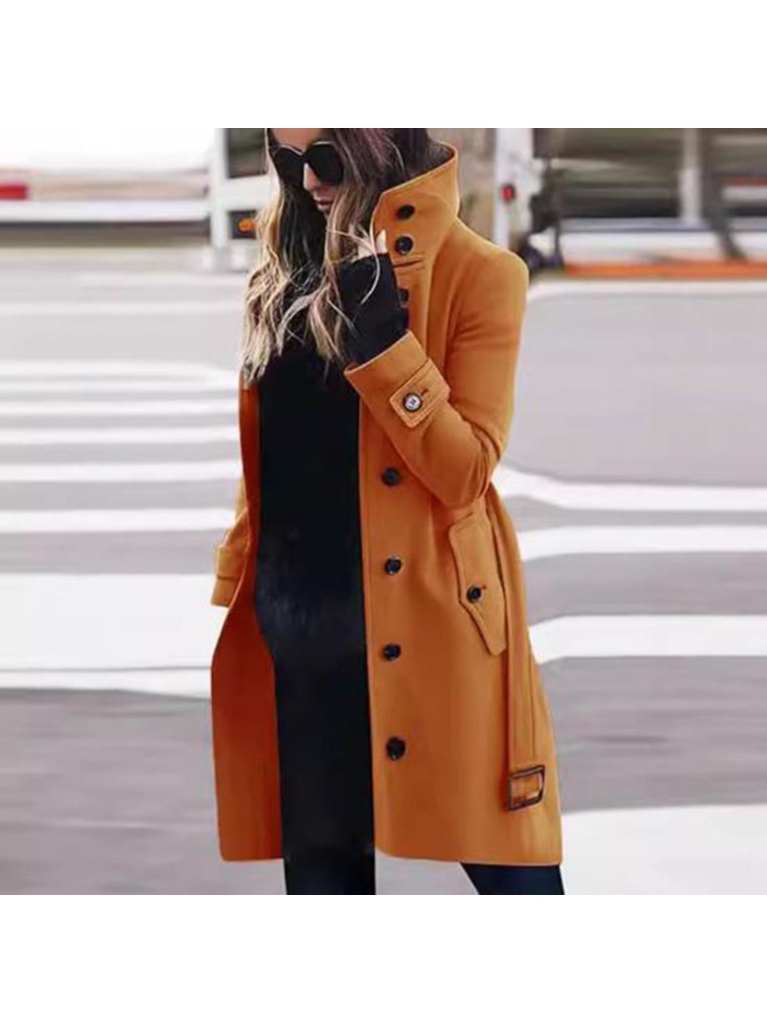 Women's Elegant Single-Breasted Stand Collar Winter Pea Coat - Long Midi Length Jacket with Pockets, Solid Color Business Casual Outerwear for or Cold Weather, Hand Washable Coat