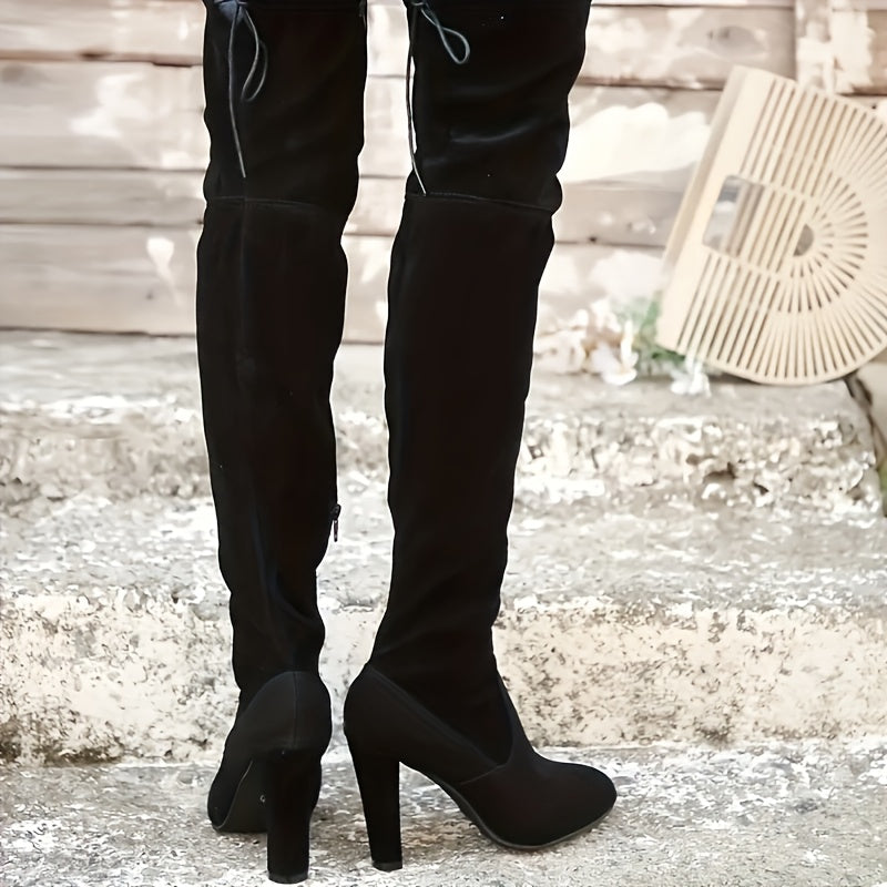 Chic Over-the-Knee Women'S Boots - Retro Pleated High Heel, Winter Fashion Knight Boots with Chunky Heel, Easy Care Fabric Lining