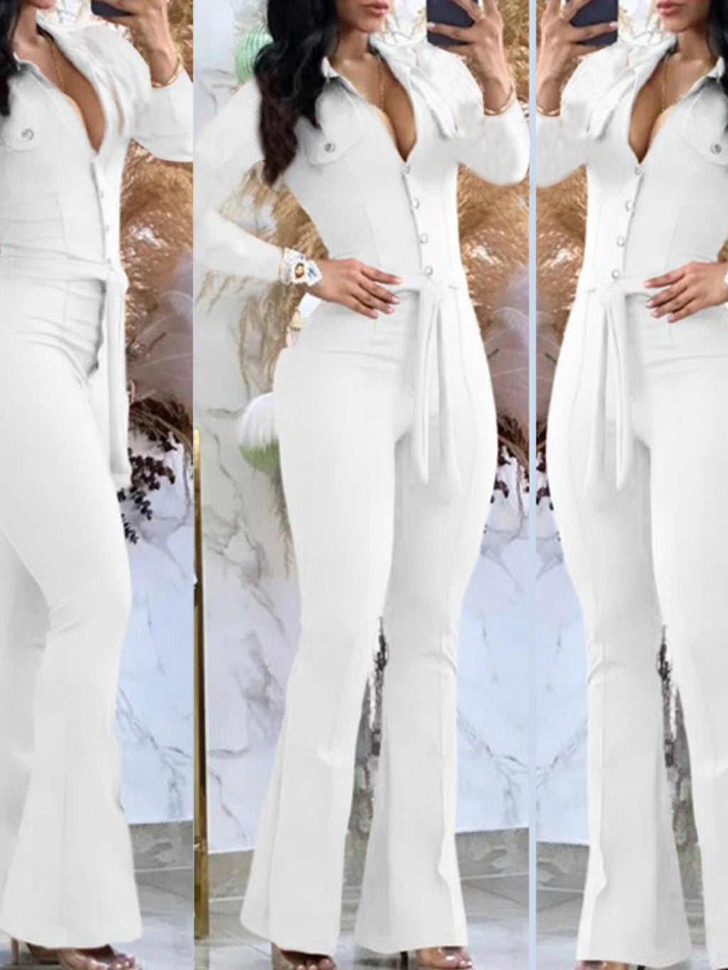 Women'S Casual Button-Front Collar Flared Cargo Jumpsuit with Belt - Vibrant Pink Wide-Leg Pants, Adjustable Waist & Functional Pockets, Cozy Winter Outfit for Everyday & Semi-Formal Wear, Easy-Care Durable Fabric (No Ironing