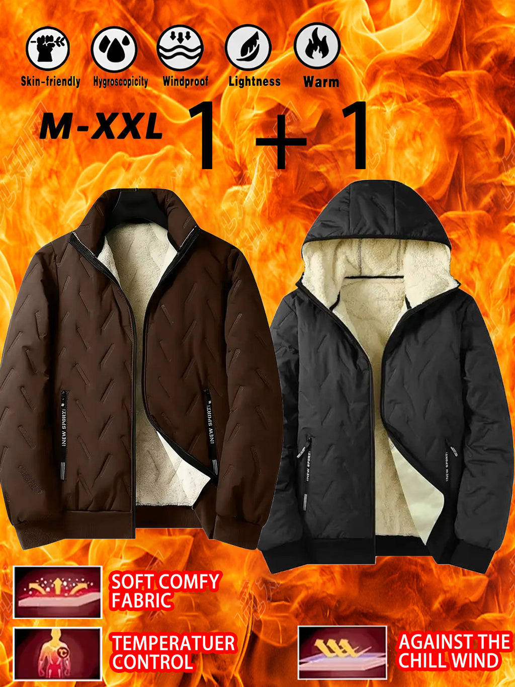 2pcs - High quality two-piece Men's standing collar jacket, long sleeved jacket, Men's hooded long sleeved jacket, Men's winter casual jacket set, with plush lining polyester fabric zipper pocket, suitable for sports, leisure