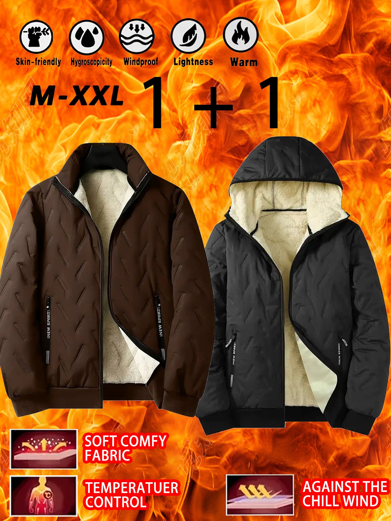 2pcs - High quality two-piece Men's standing collar jacket, long sleeved jacket, Men's hooded long sleeved jacket, Men's winter casual jacket set, with plush lining polyester fabric zipper pocket, suitable for sports, leisure