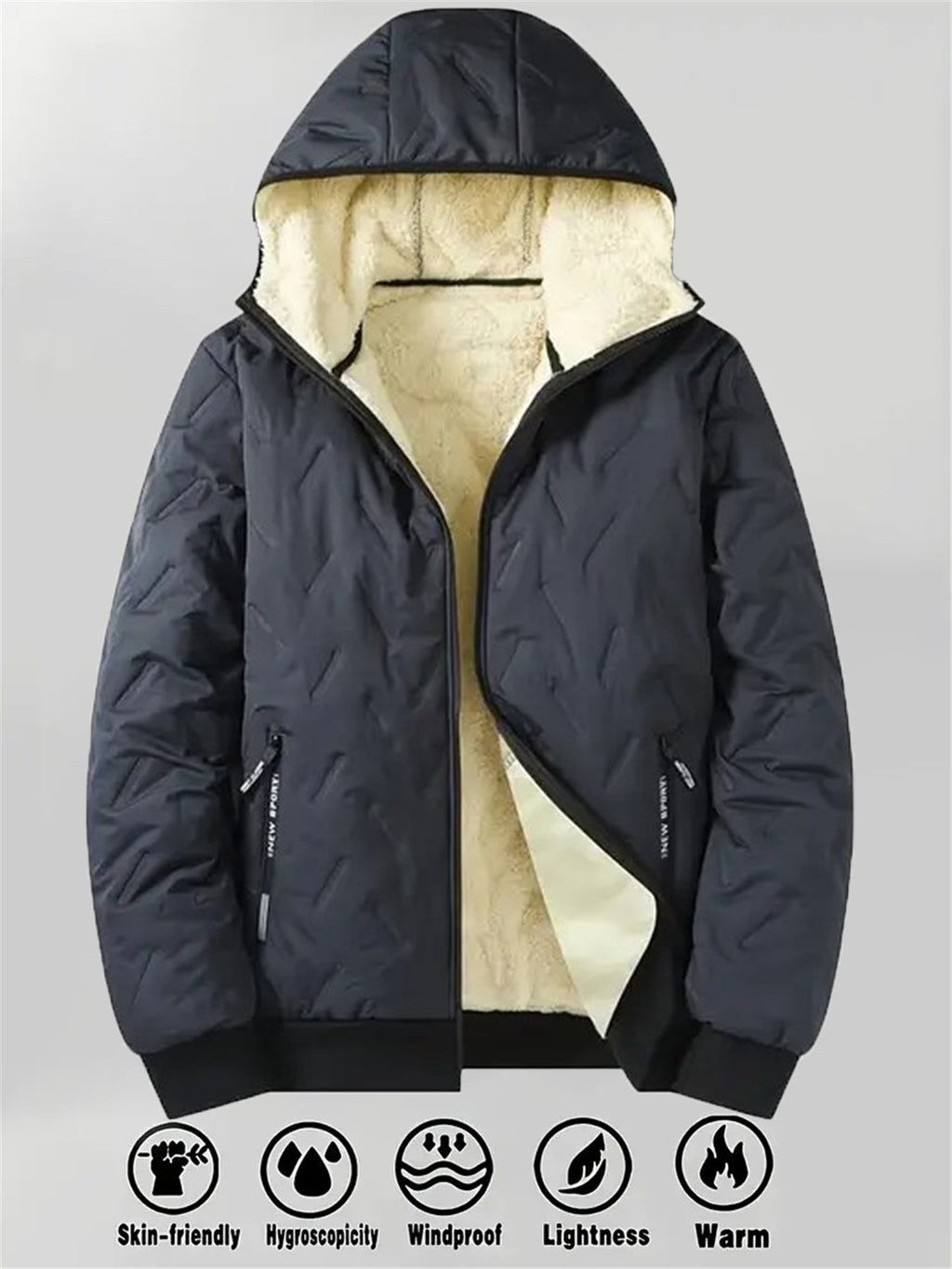 2pcs - High quality two-piece Men's standing collar jacket, long sleeved jacket, Men's hooded long sleeved jacket, Men's winter casual jacket set, with plush lining polyester fabric zipper pocket, suitable for sports, leisure