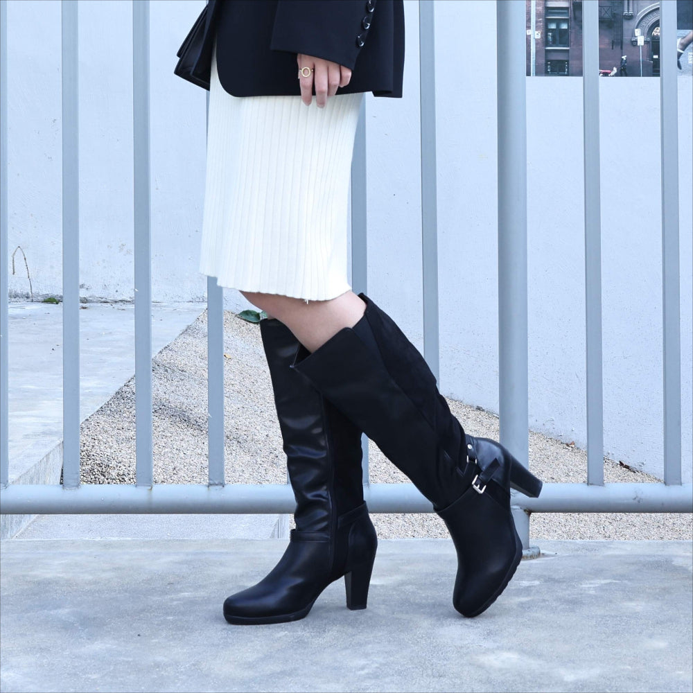 Women's Chunky Heel Knee-High Boots - Full-Length Round Toe PU Dress Boots with Back Zipper Closure, Thick Platform Heel (TPR Sole) & PU - Elegant Brown/ for Dresses, Skirts, Jeans - Versatile Fall Outfit