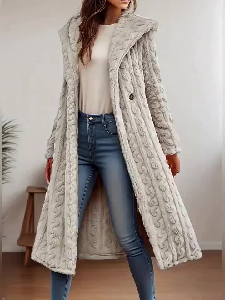 Women's Black Cable Longline Coat: Hooded Design (windproof & Trendy) + Cable Texture (luxurious Quality) + Extra-Long Fit (hides Flaws & Elongates Legs) + Thick & Warm (cold-resistant) + Black Hue (versatile for Any Outfit)