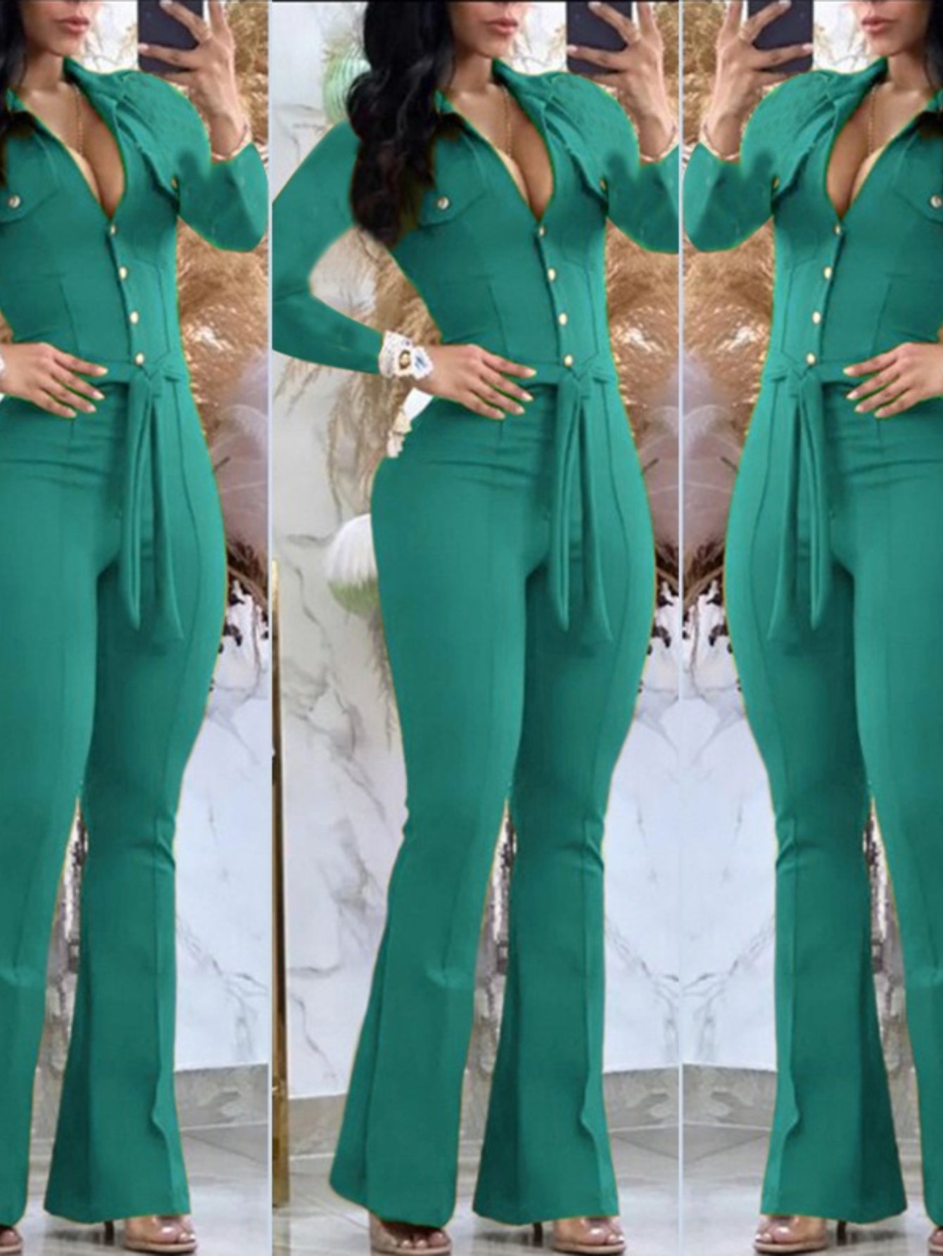 Women'S Casual Button-Front Collar Flared Cargo Jumpsuit with Belt - Vibrant Pink Wide-Leg Pants, Adjustable Waist & Functional Pockets, Cozy Winter Outfit for Everyday & Semi-Formal Wear, Easy-Care Durable Fabric (No Ironing