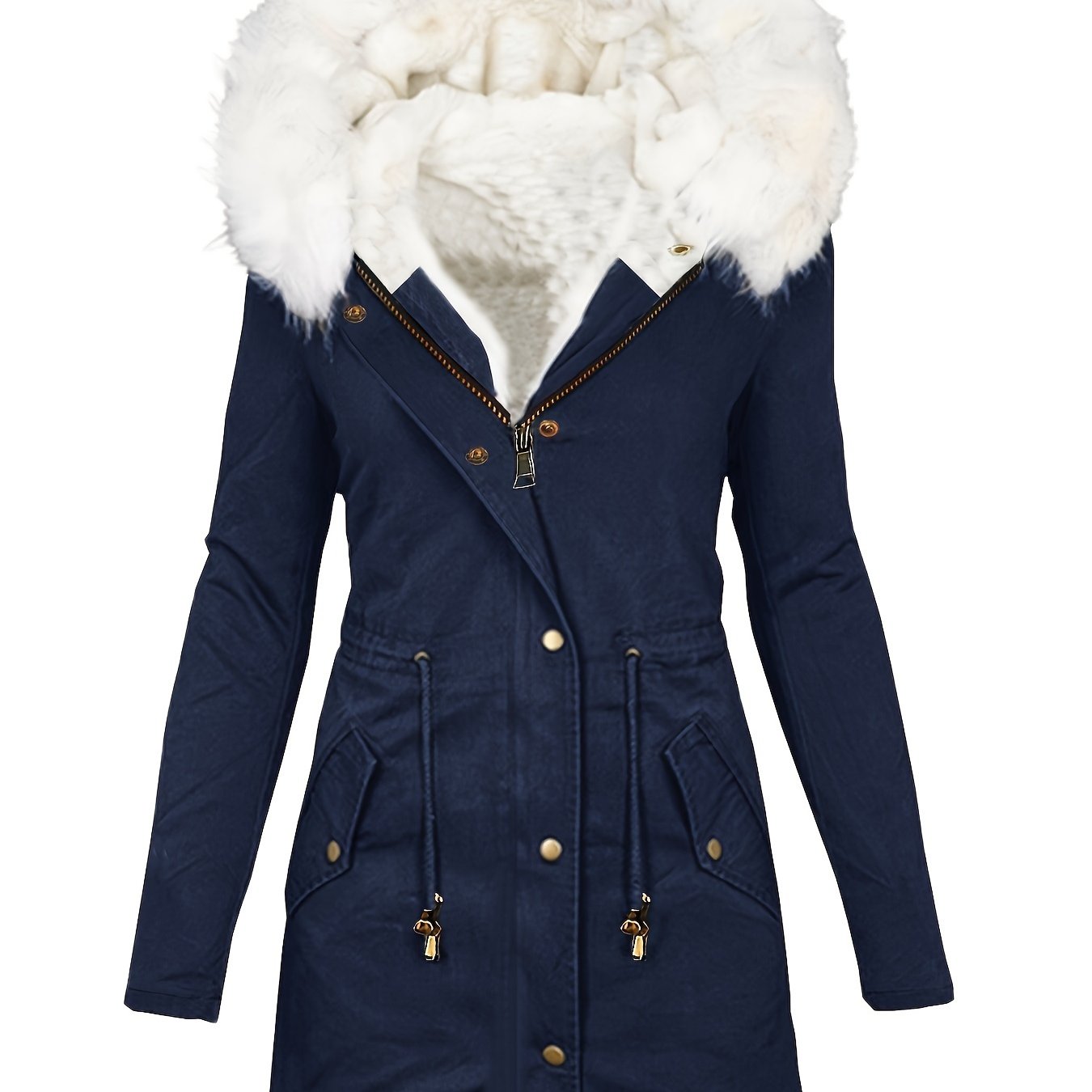 Womens Chic Thermal Parka Coat with Faux Fur Hood - Zip & Button Closure, Front Pockets, Ideal for Cold Weather