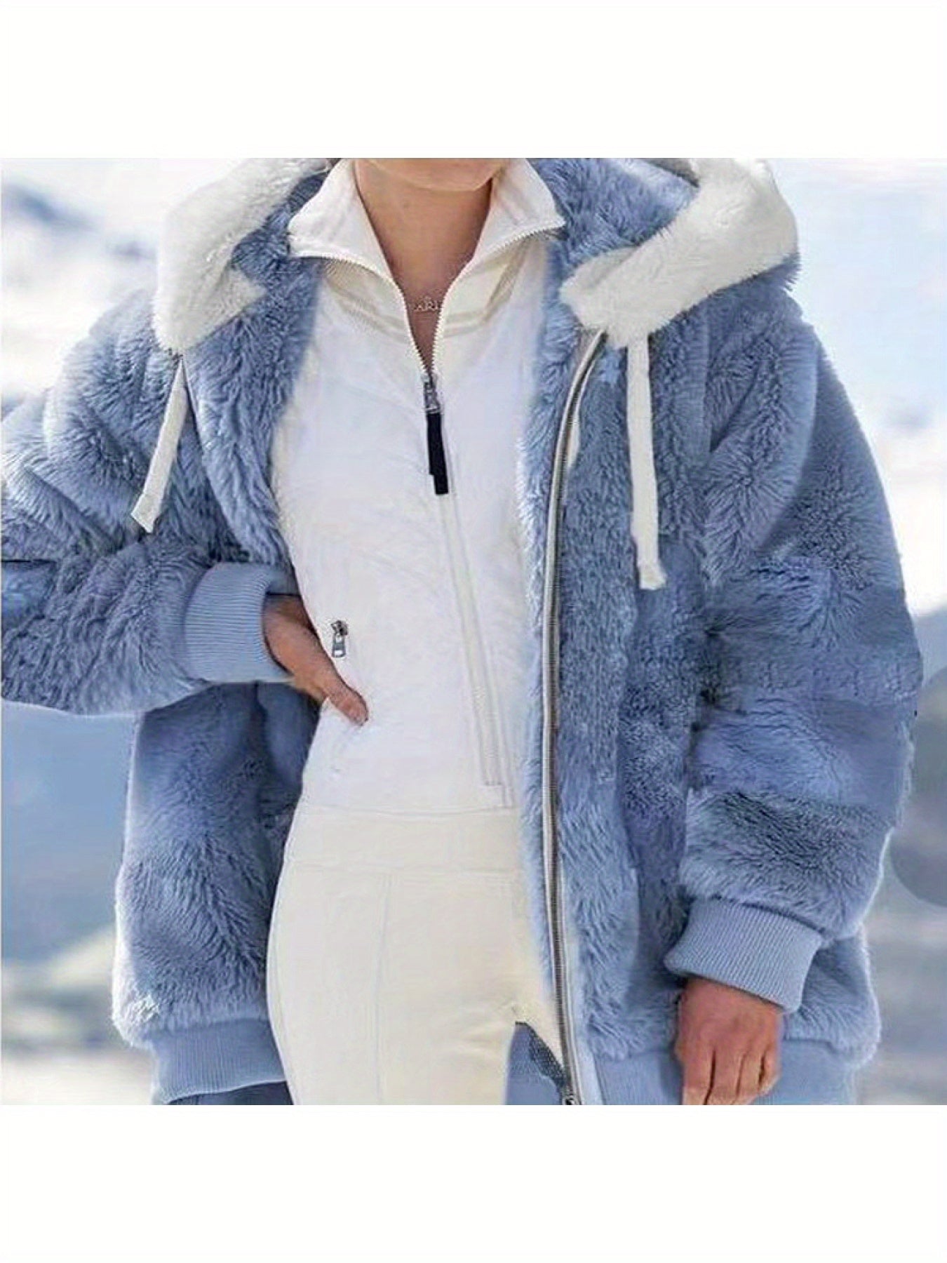 Women'S Y2K Plush Zip-Up Hooded Jacket - Mint Green Loose Fit with Pockets, Soft Faux Fur Lining, Machine Washable for Spring Summer Fall Casual Outerwear, Seasonal Fashion, Hooded Design, Durable Construction, Stylish Coat,