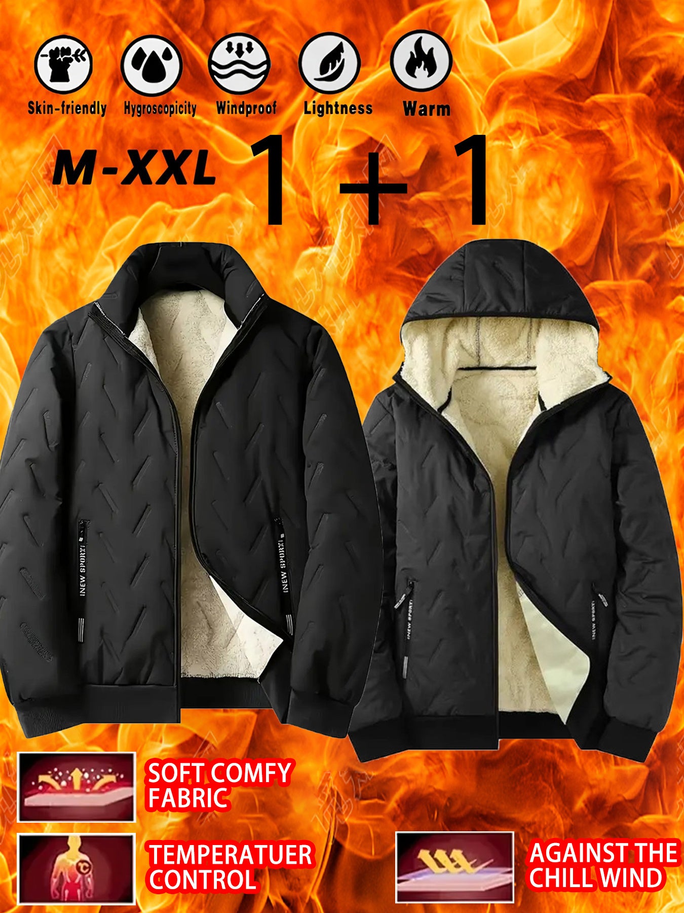 2pcs - High quality two-piece Men's standing collar jacket, long sleeved jacket, Men's hooded long sleeved jacket, Men's winter casual jacket set, with plush lining polyester fabric zipper pocket, suitable for sports, leisure