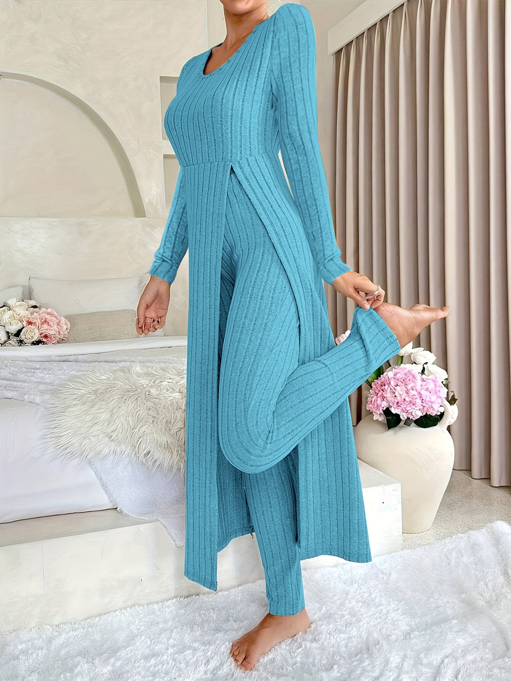 [Targeted]Two-piece Set of Ribbed Long-sleeved Top and Pants for Women
