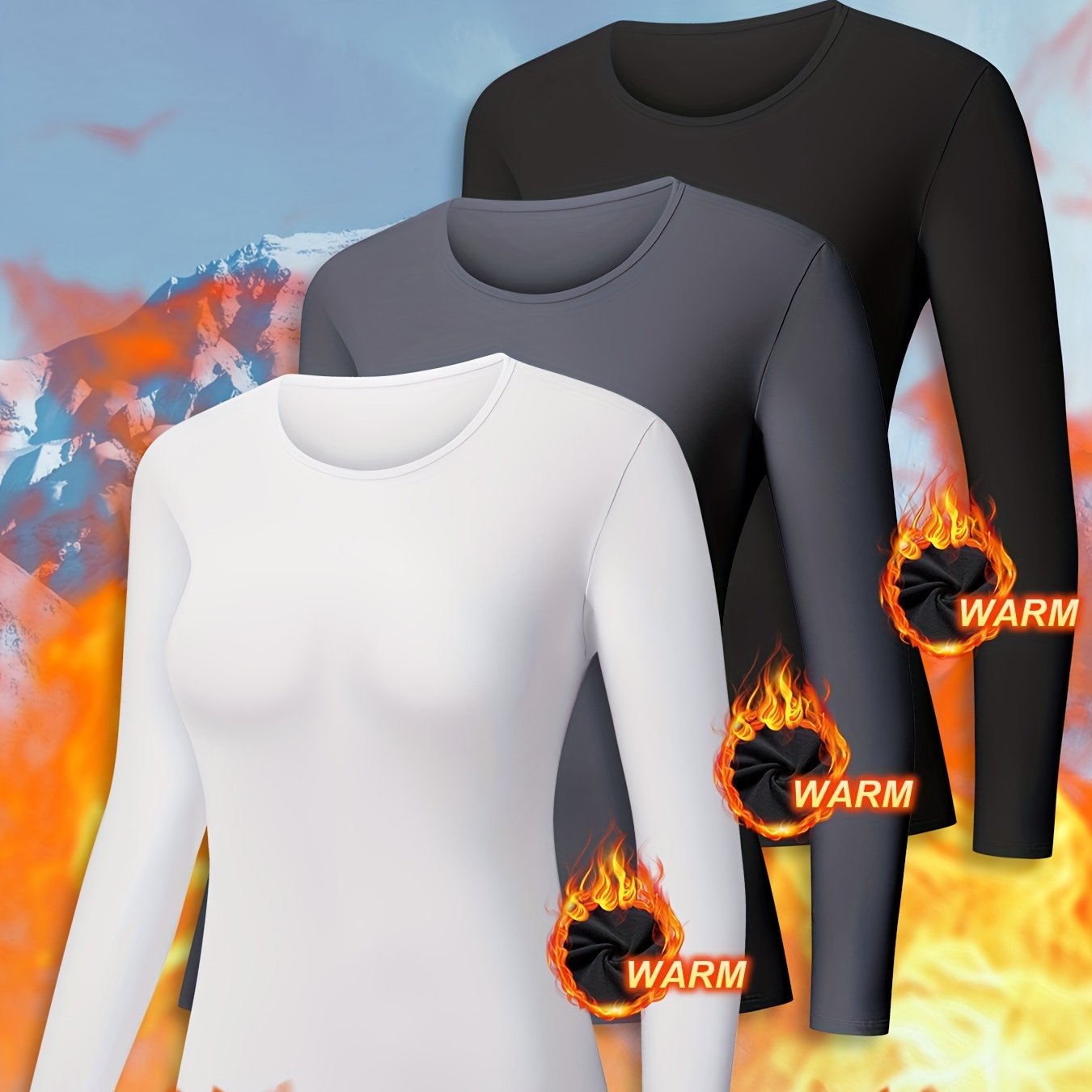 3pcs Women's Thermal Tops Fleece Lined Base Layer Soft Stretchy Long Sleeve Undershirts for Cold Weather, Winter Essentials, Layering Basics, Cozy Loungewear, Minimalist Style, Comfortable Fit, Fleece Undershirt, Women's Fash