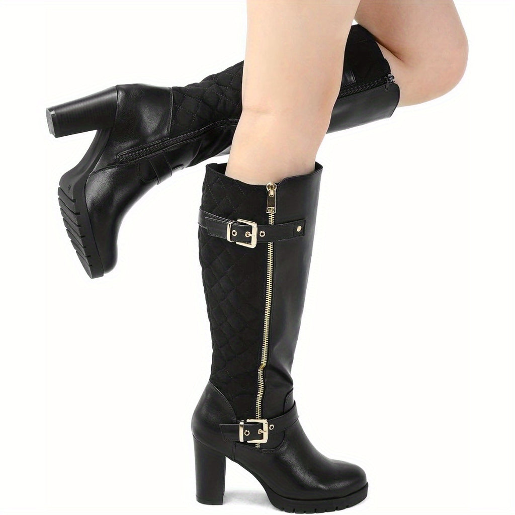 Women's Glossy Faux Cover-like Synthetic Cover Knee-High Boots with Chunky Block Heel & Golden-Tone Zipper - Winter Warm TPR Sole, Pointed Toe & Side Zipper Closure - Solid Black/Color Options - Elegant Winter Boots for Dress