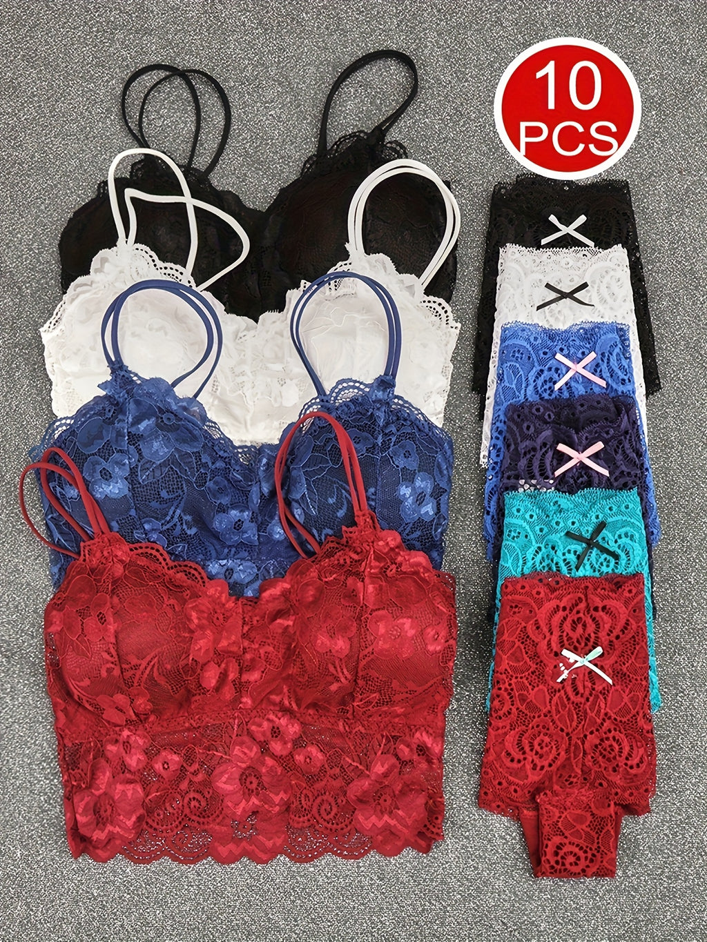 10pcs Of Women'S Underwear And Panties Combination Set Without Steel Rims, Comfortable Daily Exquisite Lace Bra Base, Beautiful Back, Seamless Suspender with Chest Cushion, Detachable Bra, Lace Underwear, Women'S Underwear An