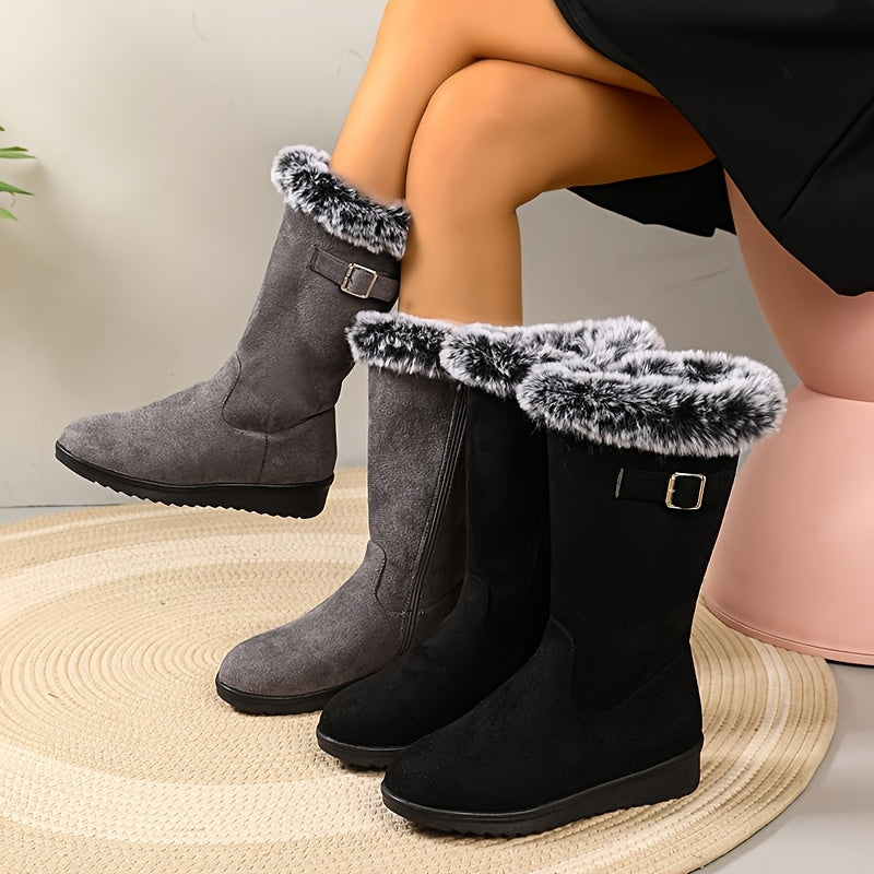 Women's Winter Boots - Slip-resistant PU Sole, Soft Interior Lining - Black - Cold Weather Footwear for Everyday & Formal Events - Cozy Booties, Ladies Winter Boots, Formal Cold Boots, Fashionable Booties, Plush Fabric Lining