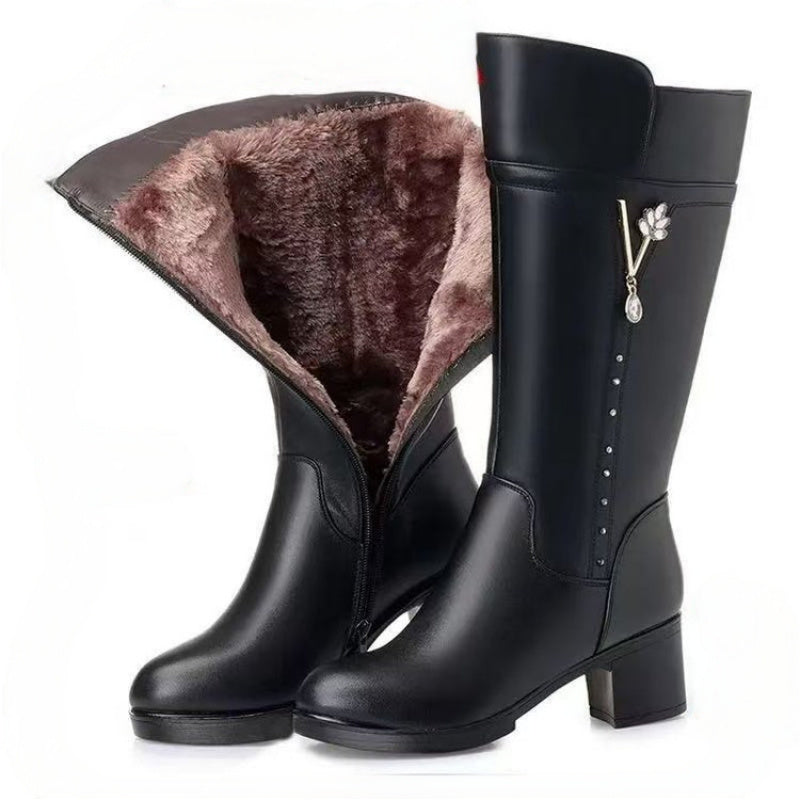 's Winter Fleece-Lined Rhinestone-Decorated Chunky Heel Mid-Calf Boots with -Like Collar-Like Trim - Round Toe Zipper Closure, Faux & Rubber Sole - Warm Snow Boots for Parties,, Everyday (Black) - Dress