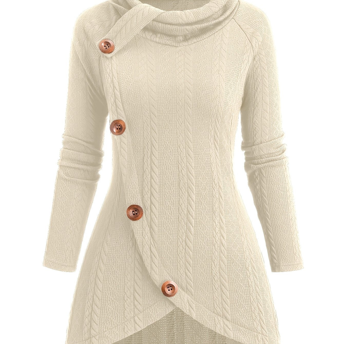 Women'S Casual Knit Cardigan, Asymmetrical High Neck Long Sleeve Top with Decorative Buttons, Solid Color Polyester 95% Spandex 5% Fall/Winter Outerwear, 320g/m² Fabric Weight