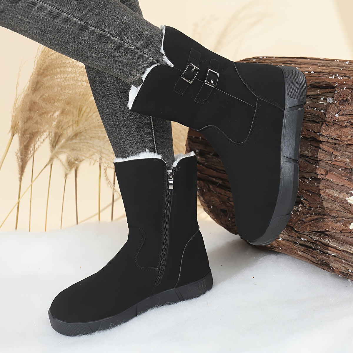 Women'S Cozy Fleece-Lined Winter Boots with Zipper Closure - Round Toe, Low Heel, Synthetic Cover Upper, Rubber Sole, Casual Style for All-Season, Winter Boots For Women, Cold Weather Footwear