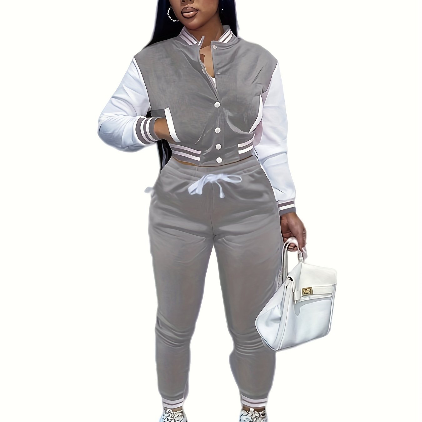 Women'S Casual Baseball Jacket and Pants Set - Solid Color, Long Sleeve, Regular Fit, Two-Piece with Single-Breasted Buttons, Casual |Casual Style|Singlebreasted Jacket