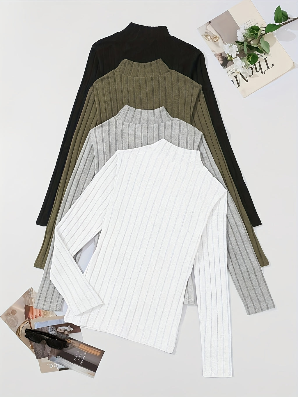 4pcs Solid Color Ribbed T-Shirt Set