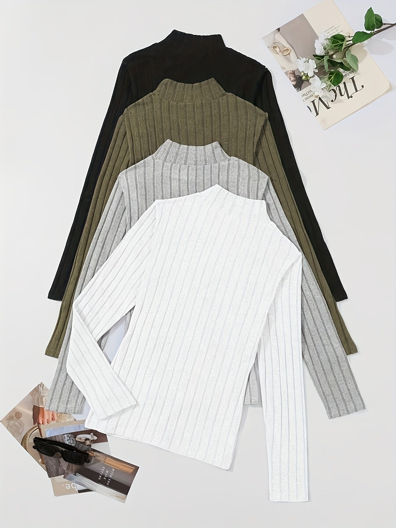 4pcs Solid Color Ribbed T-Shirt Set