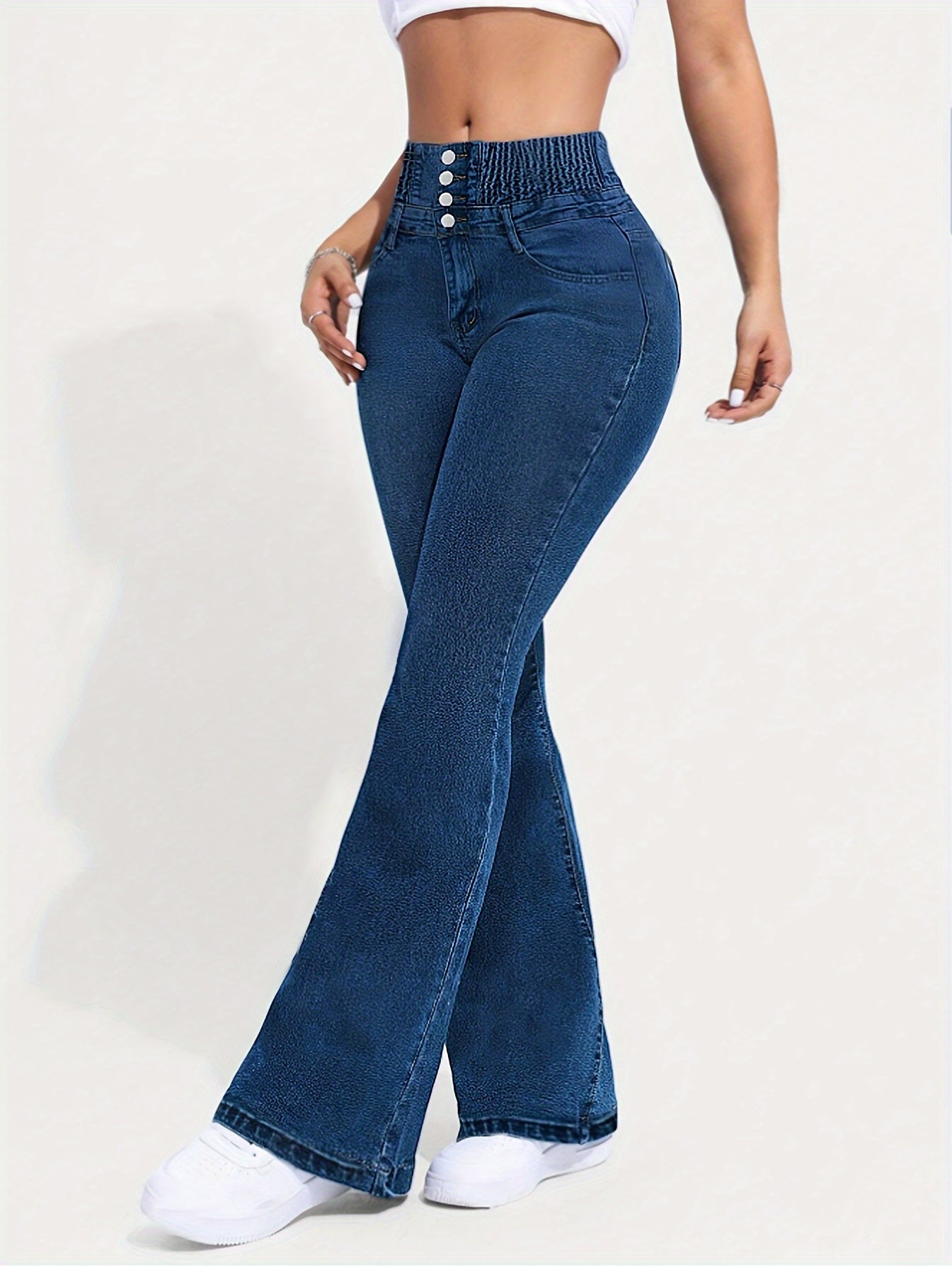 High Waist Flare Leg Jeans for Women, Vintage Style, with Shirring Detail, Button Fly and Zipper Closure, Multiple Pockets, Washed Solid Blue Denim, Elastic High Stretch, for All-Season Wear